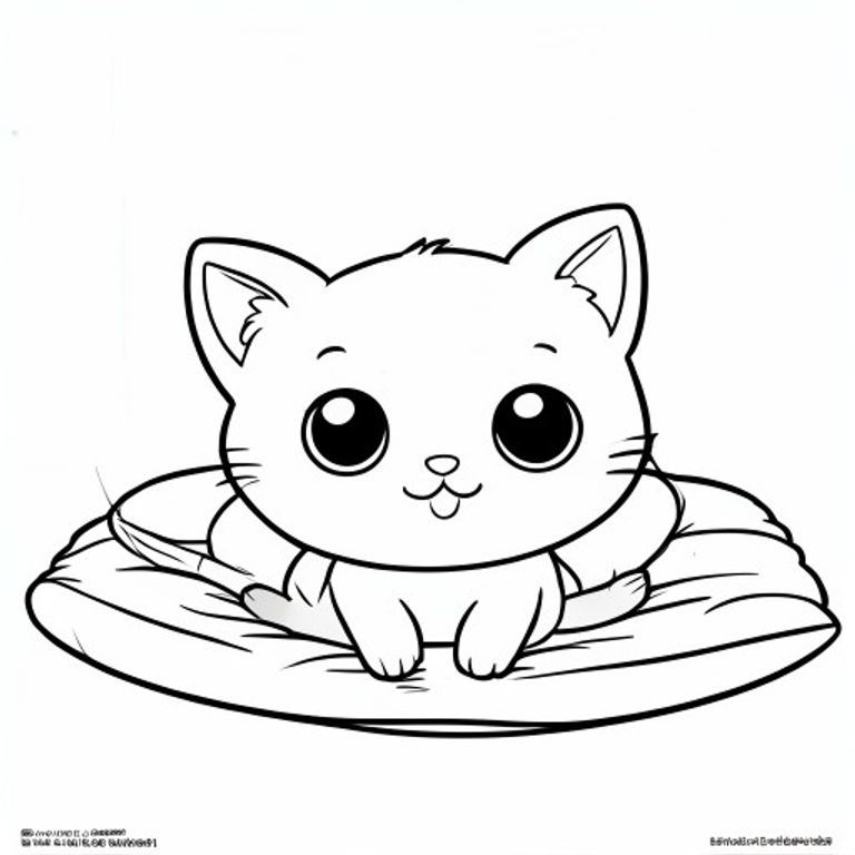 "Baby cat stretching on a simple bed."
Kawaii baby cat character with a very big round head (about 70% of total body), tiny small oval body, 
very short legs, small rounded paws with simple toe lines, sitting front-facing. Large round black eyes 
with a small white highlight, eyes placed wide apart. Tiny oval nose, small curved smiling mouth 
(slightly “w” shape), chubby cheeks. Three short whiskers on each side. Small rounded triangle ears 
with inner ear line. One small curved tuft of hair centered on top of the head. Tail short and curved to the side. 
Clean, smooth, soft rounded shapes, no sharp edges.
Each page should feature kawaii baby cat illustration. Make the character very simple like a toddler cartoon. 
Use very thick bold outlines with minimal inner lines. Large open spaces for easy coloring. 
Background must be extremely simple with very few objects only based on the activity. 
Do not add extra details, textures, or complex elements. Keep everything minimal and easy to recognize. 
Black and white only. No shading. No grayscale. No color. No text, words, letters, or numbers. 
Art Style: Bold and easy, very simple, cute and chunky.