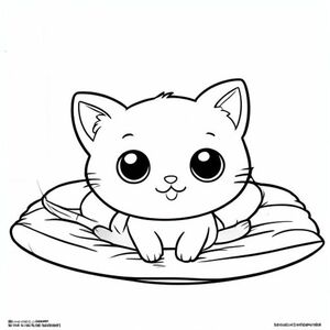 "Baby cat stretching on a simple bed."
Kawaii baby cat character with a very big round head (about 70% of total body), tiny small oval body, 
very short legs, small rounded paws with simple toe lines, sitting front-facing. Large round black eyes 
with a small white highlight, eyes placed wide apart. Tiny oval nose, small curved smiling mouth 
(slightly “w” shape), chubby cheeks. Three short whiskers on each side. Small rounded triangle ears 
with inner ear line. One small curved tuft of hair centered on top of the head. Tail short and curved to the side. 
Clean, smooth, soft rounded shapes, no sharp edges.
Each page should feature kawaii baby cat illustration. Make the character very simple like a toddler cartoon. 
Use very thick bold outlines with minimal inner lines. Large open spaces for easy coloring. 
Background must be extremely simple with very few objects only based on the activity. 
Do not add extra details, textures, or complex elements. Keep everything minimal and easy to recognize. 
Black and white only. No shading. No grayscale. No color. No text, words, letters, or numbers. 
Art Style: Bold and easy, very simple, cute and chunky.