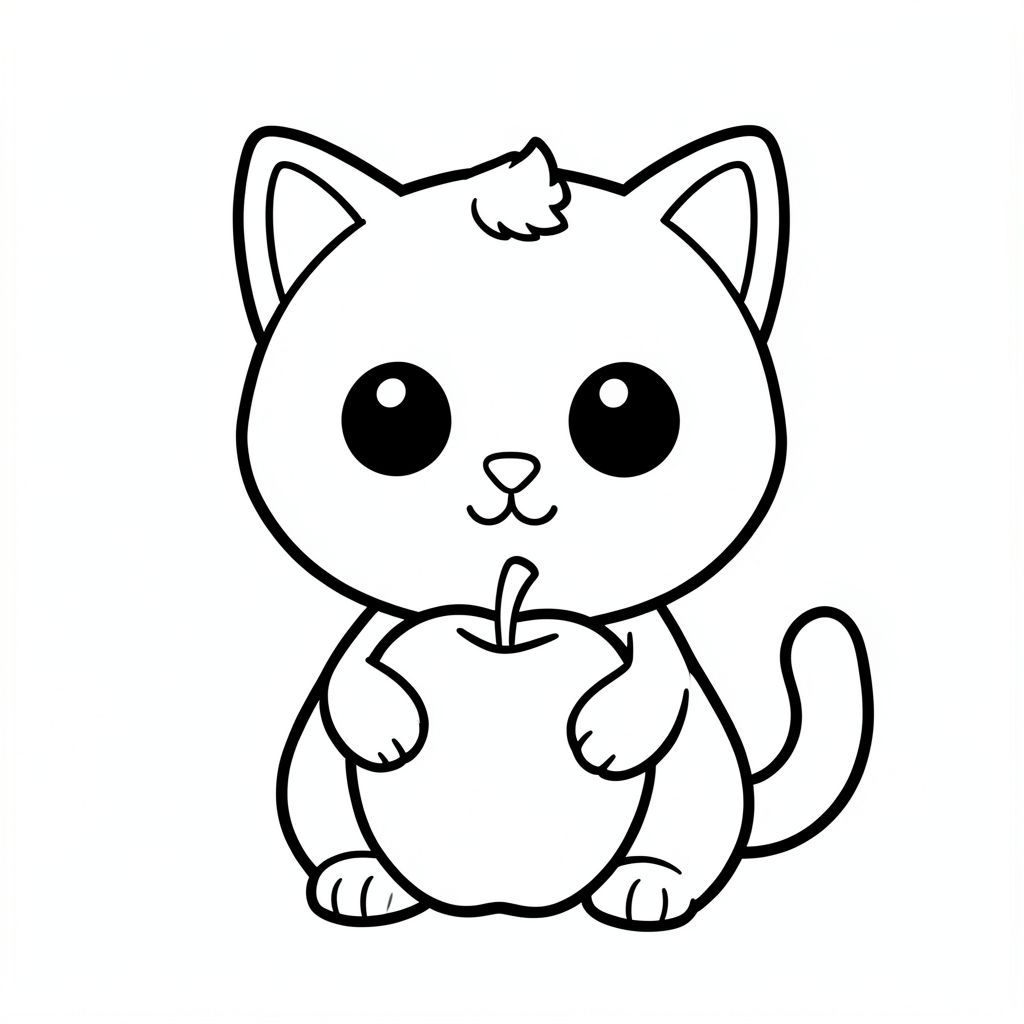 Baby cat holding a big apple.
Kawaii baby cat character, very big round head, tiny small oval body, very short legs, small rounded paws with simple toe lines, 
sitting front-facing. Large round black eyes with a small white highlight, eyes placed wide apart. Tiny oval nose, small curved 
smiling mouth, chubby cheeks. Small rounded triangle ears. One small curved tuft of hair centered on top of the head. 
Tail short and curved to the side. Clean, smooth, sharp edges. Very simple toddler cartoon style.
Each page should feature kawaii baby cat illustration.
thick bold outlines with minimal inner lines.
Large open spaces for easy coloring.
Simple background with very few objects only based on the activity.
No extra details, no textures, no complexity.
Black and white only. No shading. No grayscale. No color.
No text, words, letters, or numbers.
Art style: bold, easy, cute, chunky.
