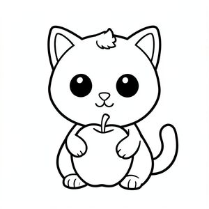 Baby cat holding a big apple.
Kawaii baby cat character, very big round head, tiny small oval body, very short legs, small rounded paws with simple toe lines, 
sitting front-facing. Large round black eyes with a small white highlight, eyes placed wide apart. Tiny oval nose, small curved 
smiling mouth, chubby cheeks. Small rounded triangle ears. One small curved tuft of hair centered on top of the head. 
Tail short and curved to the side. Clean, smooth, sharp edges. Very simple toddler cartoon style.
Each page should feature kawaii baby cat illustration.
thick bold outlines with minimal inner lines.
Large open spaces for easy coloring.
Simple background with very few objects only based on the activity.
No extra details, no textures, no complexity.
Black and white only. No shading. No grayscale. No color.
No text, words, letters, or numbers.
Art style: bold, easy, cute, chunky.
