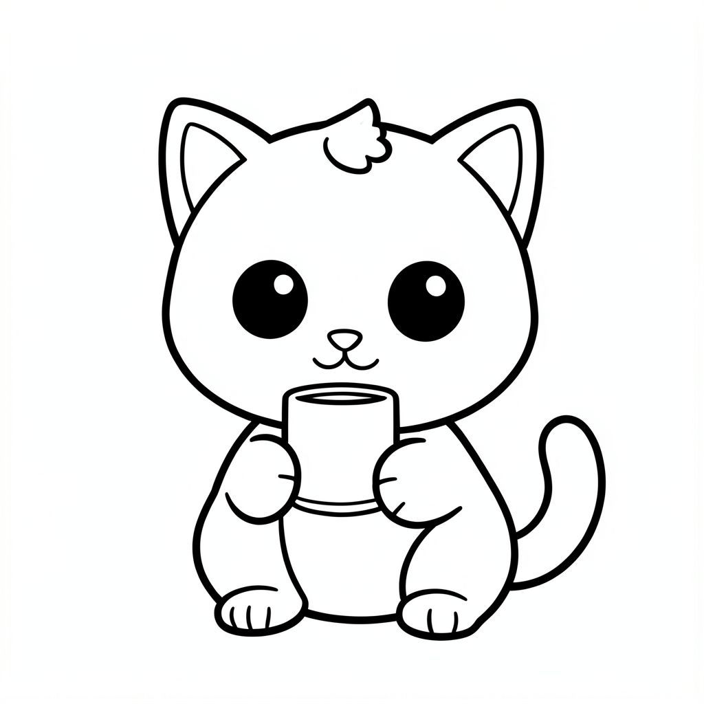 Baby cat drinking from a small cup.
Kawaii baby cat character, very big round head, tiny small oval body, very short legs, small rounded paws with simple toe lines, 
sitting front-facing. Large round black eyes with a small white highlight, eyes placed wide apart. Tiny oval nose, small curved 
smiling mouth, chubby cheeks. Small rounded triangle ears. One small curved tuft of hair centered on top of the head. 
Tail short and curved to the side. Clean, smooth, sharp edges. Very simple toddler cartoon style.
Each page should feature kawaii baby cat illustration.
thick bold outlines with minimal inner lines.
Large open spaces for easy coloring.
Simple background with very few objects only based on the activity.
No extra details, no textures, no complexity.
Black and white only. No shading. No grayscale. No color.
No text, words, letters, or numbers.
Art style: bold, easy, cute, chunky.