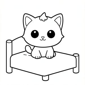 "Baby cat waking up on a simple bed"
Kawaii baby cat character, very big round head, tiny small oval body, very short legs, 
small rounded paws with simple toe lines, sitting front-facing. Large round black eyes with a 
small white highlight, eyes placed wide apart. Tiny oval nose, small curved smiling mouth, chubby cheeks. 
Small rounded triangle ears. One small curved tuft of hair centered on top of the head. 
Tail short and curved to the side. Clean, smooth, sharp edges. Very simple toddler cartoon style.
Each page should feature kawaii baby cat illustration.
thick bold outlines with minimal inner lines.
Large open spaces for easy coloring.
Simple background with very few objects only based on the activity.
Few extra details as per activity, no textures, no complexity.
Black and white only. No shading. No grayscale. No color.
No text, words, letters, or numbers.
Art style: bold, easy, cute, chunky.