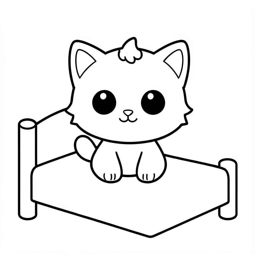 "Baby cat waking up on a simple bed"
Kawaii baby cat character, very big round head, tiny small oval body, very short legs, 
small rounded paws with simple toe lines, sitting front-facing. Large round black eyes with a 
small white highlight, eyes placed wide apart. Tiny oval nose, small curved smiling mouth (slightly “w” shape), chubby cheeks. 
Small rounded triangle ears. One small curved tuft of hair centered on top of the head. 
Tail short and curved to the side. Clean, smooth, sharp edges. Very simple toddler cartoon style.
Each page should feature kawaii baby cat with few extra details as per activity illustration.
thick bold outlines with minimal inner lines.
Large open spaces for easy coloring.
Simple background with very few objects only based on the activity.
Very Few extra details as per activity, no textures, no complexity.
Black and white only. No shading. No grayscale. No color.
No text, words, letters, or numbers.
Art style: bold, easy, cute, chunky.