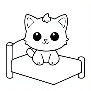 "Baby cat waking up on a simple bed"
Kawaii baby cat character, very big round head, tiny small oval body, very short legs, 
small rounded paws with simple toe lines, sitting front-facing. Large round black eyes with a 
small white highlight, eyes placed wide apart. Tiny oval nose, small curved smiling mouth (slightly “w” shape), chubby cheeks. 
Small rounded triangle ears. One small curved tuft of hair centered on top of the head. 
Tail short and curved to the side. Clean, smooth, sharp edges. Very simple toddler cartoon style.
Each page should feature kawaii baby cat with few extra details as per activity illustration.
thick bold outlines with minimal inner lines.
Large open spaces for easy coloring.
Simple background with very few objects only based on the activity.
Very Few extra details as per activity, no textures, no complexity.
Black and white only. No shading. No grayscale. No color.
No text, words, letters, or numbers.
Art style: bold, easy, cute, chunky.