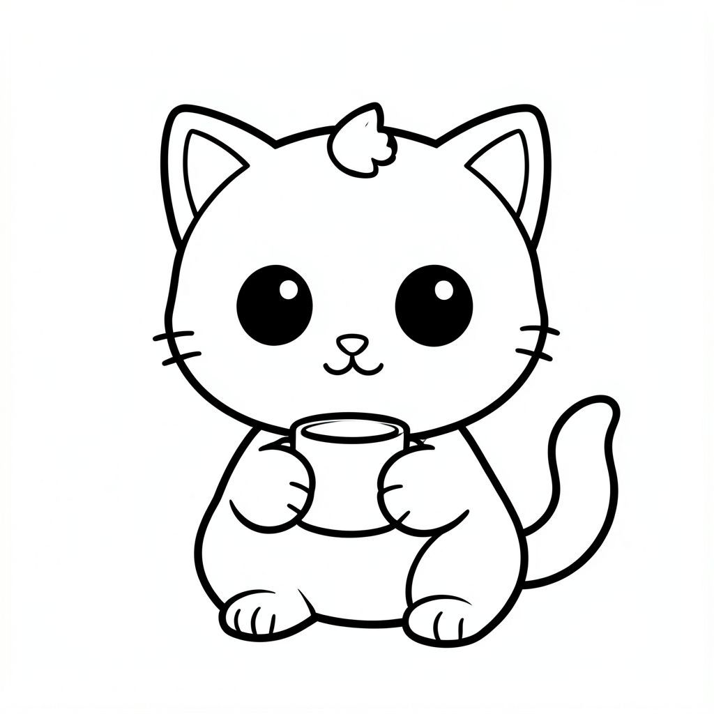 "Baby cat drinking from a small cup"
Kawaii baby cat character, very big round head, tiny small oval body, very short legs, 
small rounded paws with simple toe lines, sitting front-facing. Large round black eyes with a 
small white highlight, eyes placed wide apart. Tiny oval nose, small curved smiling mouth (slightly “w” shape), chubby cheeks. 
Small rounded triangle ears. One small curved tuft of hair centered on top of the head. 
Tail short and curved to the side. Clean, smooth, sharp edges. Very simple toddler cartoon style.
Each page should feature kawaii baby cat with extra details as per activity illustration.
thick bold outlines with minimal inner lines.
Large open spaces for easy coloring.
Simple background with extra few objects only based on the activity.
Few extra details as per activity, no textures, no complexity.
Black and white only. No shading. No grayscale. No color.
No text, words, letters, or numbers.
Art style: bold, easy, cute, chunky.