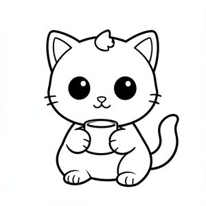 "Baby cat drinking from a small cup"
Kawaii baby cat character, very big round head, tiny small oval body, very short legs, 
small rounded paws with simple toe lines, sitting front-facing. Large round black eyes with a 
small white highlight, eyes placed wide apart. Tiny oval nose, small curved smiling mouth (slightly “w” shape), chubby cheeks. 
Small rounded triangle ears. One small curved tuft of hair centered on top of the head. 
Tail short and curved to the side. Clean, smooth, sharp edges. Very simple toddler cartoon style.
Each page should feature kawaii baby cat with extra details as per activity illustration.
thick bold outlines with minimal inner lines.
Large open spaces for easy coloring.
Simple background with extra few objects only based on the activity.
Few extra details as per activity, no textures, no complexity.
Black and white only. No shading. No grayscale. No color.
No text, words, letters, or numbers.
Art style: bold, easy, cute, chunky.