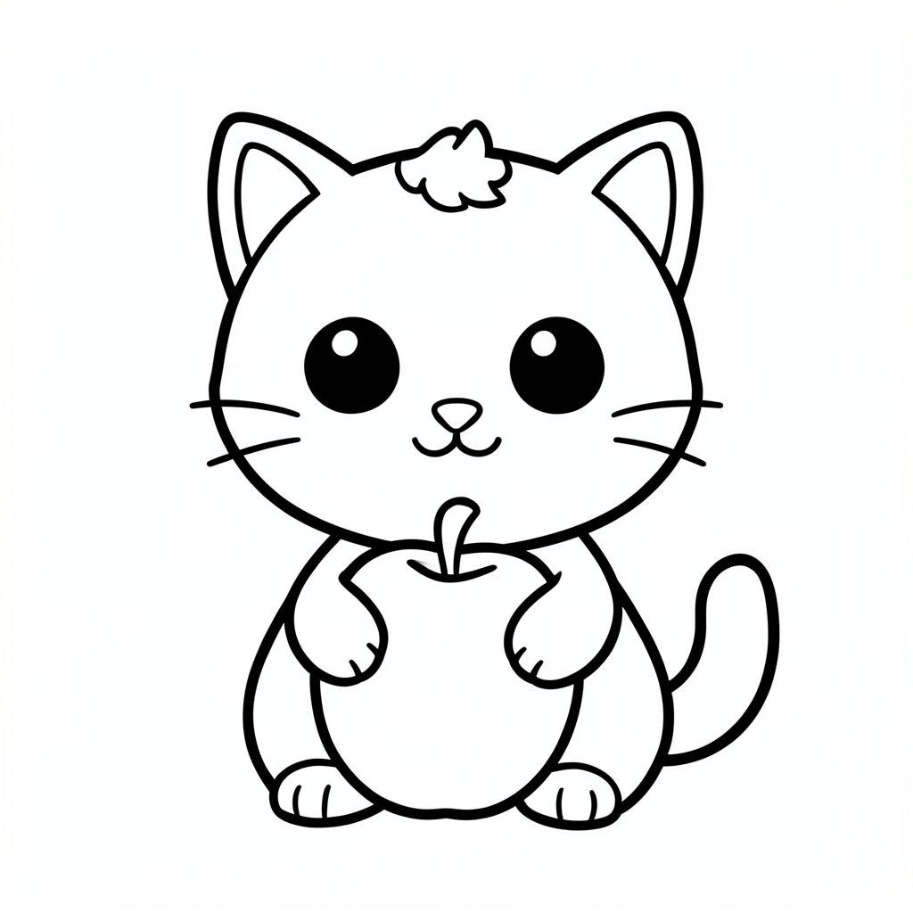 "Baby cat holding a big apple"
Kawaii baby cat character, very big round head, tiny small oval body, very short legs, 
small rounded paws with simple toe lines, sitting front-facing. Large round black eyes with a 
small white highlight, eyes placed wide apart. Tiny oval nose, small curved smiling mouth (slightly “w” shape), Chubby cheeks. Three short whiskers on each side. 
Small rounded triangle ears. One small curved tuft of hair centered on top of the head. 
Tail short and curved to the side. Clean, smooth, sharp edges. Very simple toddler cartoon style.
Each page should feature kawaii baby cat with few extra details as per activity illustration.
thick bold outlines with minimal inner lines.
Large open spaces for easy coloring.
Simple background with very few objects only based on the activity.
Very Few extra details as per activity, no textures, no complexity.
Black and white only. No shading. No grayscale. No color.
No text, words, letters, or numbers.
Art style: bold, easy, cute, chunky.
