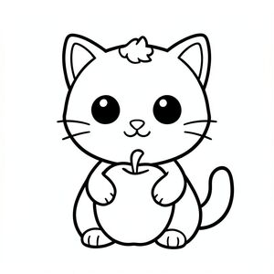 "Baby cat holding a big apple"
Kawaii baby cat character, very big round head, tiny small oval body, very short legs, 
small rounded paws with simple toe lines, sitting front-facing. Large round black eyes with a 
small white highlight, eyes placed wide apart. Tiny oval nose, small curved smiling mouth (slightly “w” shape), Chubby cheeks. Three short whiskers on each side. 
Small rounded triangle ears. One small curved tuft of hair centered on top of the head. 
Tail short and curved to the side. Clean, smooth, sharp edges. Very simple toddler cartoon style.
Each page should feature kawaii baby cat with few extra details as per activity illustration.
thick bold outlines with minimal inner lines.
Large open spaces for easy coloring.
Simple background with very few objects only based on the activity.
Very Few extra details as per activity, no textures, no complexity.
Black and white only. No shading. No grayscale. No color.
No text, words, letters, or numbers.
Art style: bold, easy, cute, chunky.