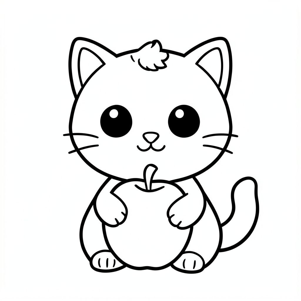 "Baby cat holding a big apple".
Kawaii baby cat character, very big round head, tiny small oval body, very short legs, 
small rounded paws with simple toe lines, sitting front-facing. Large round black eyes with a 
small white highlight, eyes placed wide apart. Tiny oval nose, small curved smiling mouth (slightly “w” shape), Chubby cheeks. Three short whiskers on each side. 
Small rounded triangle ears. One small curved tuft of hair centered on top of the head. 
Tail short and curved to the side. Clean, smooth, sharp edges. Very simple toddler cartoon style.
Each page should feature kawaii baby cat with few extra details as per activity illustration.
thick bold outlines with minimal inner lines.
Large open spaces for easy coloring.
Simple background with extra few objects based on the activity.
Few extra details as per activity, no textures, no complexity.
Black and white only. No shading. No grayscale. No color.
No text, words, letters, or numbers.
Art style: bold, easy, cute, chunky.