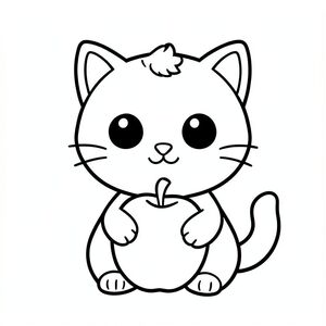 "Baby cat holding a big apple".
Kawaii baby cat character, very big round head, tiny small oval body, very short legs, 
small rounded paws with simple toe lines, sitting front-facing. Large round black eyes with a 
small white highlight, eyes placed wide apart. Tiny oval nose, small curved smiling mouth (slightly “w” shape), Chubby cheeks. Three short whiskers on each side. 
Small rounded triangle ears. One small curved tuft of hair centered on top of the head. 
Tail short and curved to the side. Clean, smooth, sharp edges. Very simple toddler cartoon style.
Each page should feature kawaii baby cat with few extra details as per activity illustration.
thick bold outlines with minimal inner lines.
Large open spaces for easy coloring.
Simple background with extra few objects based on the activity.
Few extra details as per activity, no textures, no complexity.
Black and white only. No shading. No grayscale. No color.
No text, words, letters, or numbers.
Art style: bold, easy, cute, chunky.