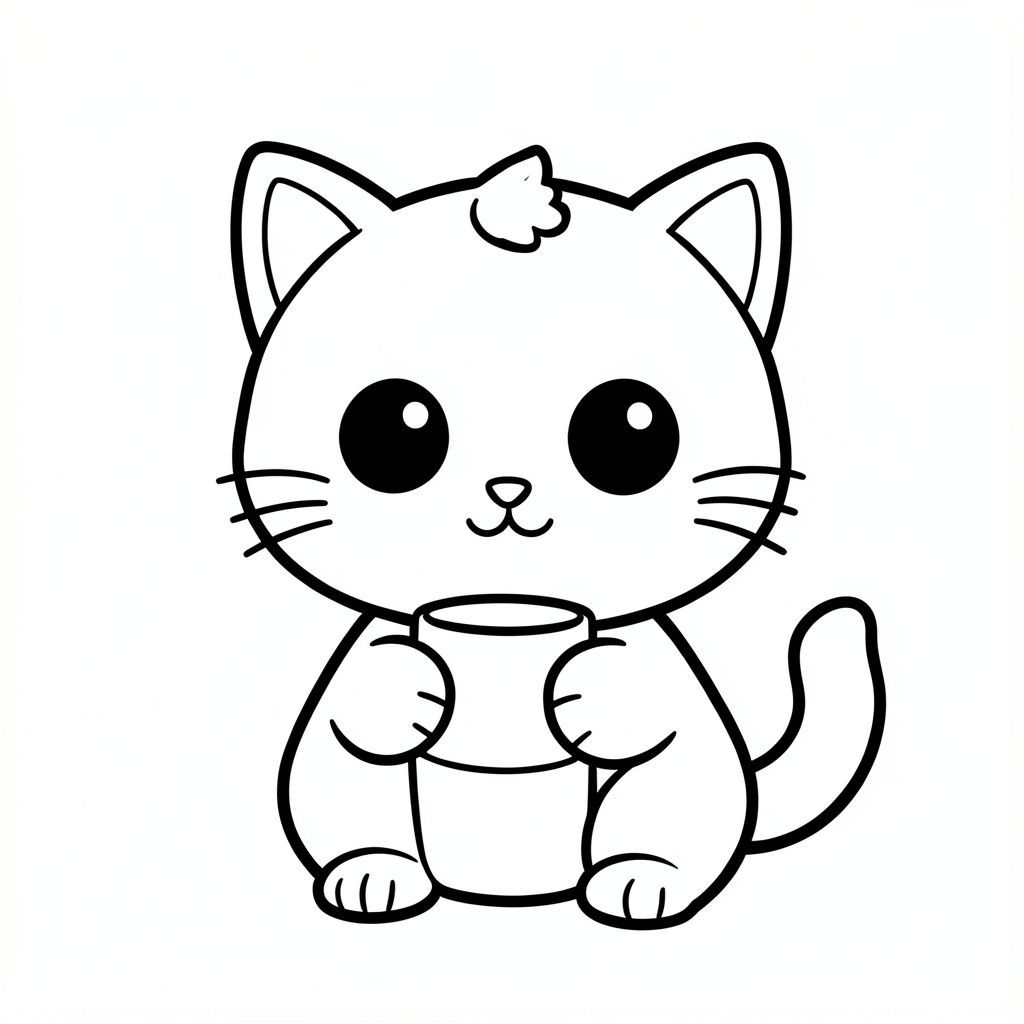 "Baby cat drinking from a small cup"
Kawaii baby cat character, very big round head, tiny small oval body, very short legs, 
small rounded paws with simple toe lines, sitting front-facing. Large round black eyes with a 
small white highlight, eyes placed wide apart. Tiny oval nose, small curved smiling mouth (slightly “w” shape), Chubby cheeks. Three short whiskers on each side. 
Small rounded triangle ears. One small curved tuft of hair centered on top of the head. 
Tail short and curved to the side. Clean, smooth, sharp edges. Very simple toddler cartoon style.
Each page should feature kawaii baby cat with few extra details as per activity illustration.
thick bold outlines with minimal inner lines.
Large open spaces for easy coloring.
Simple background with extra few objects based on the activity.
Few extra details as per activity, no textures, no complexity.
Black and white only. No shading. No grayscale. No color.
No text, words, letters, or numbers.
Art style: bold, easy, cute, chunky.