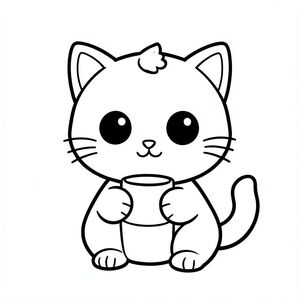 "Baby cat drinking from a small cup"
Kawaii baby cat character, very big round head, tiny small oval body, very short legs, 
small rounded paws with simple toe lines, sitting front-facing. Large round black eyes with a 
small white highlight, eyes placed wide apart. Tiny oval nose, small curved smiling mouth (slightly “w” shape), Chubby cheeks. Three short whiskers on each side. 
Small rounded triangle ears. One small curved tuft of hair centered on top of the head. 
Tail short and curved to the side. Clean, smooth, sharp edges. Very simple toddler cartoon style.
Each page should feature kawaii baby cat with few extra details as per activity illustration.
thick bold outlines with minimal inner lines.
Large open spaces for easy coloring.
Simple background with extra few objects based on the activity.
Few extra details as per activity, no textures, no complexity.
Black and white only. No shading. No grayscale. No color.
No text, words, letters, or numbers.
Art style: bold, easy, cute, chunky.