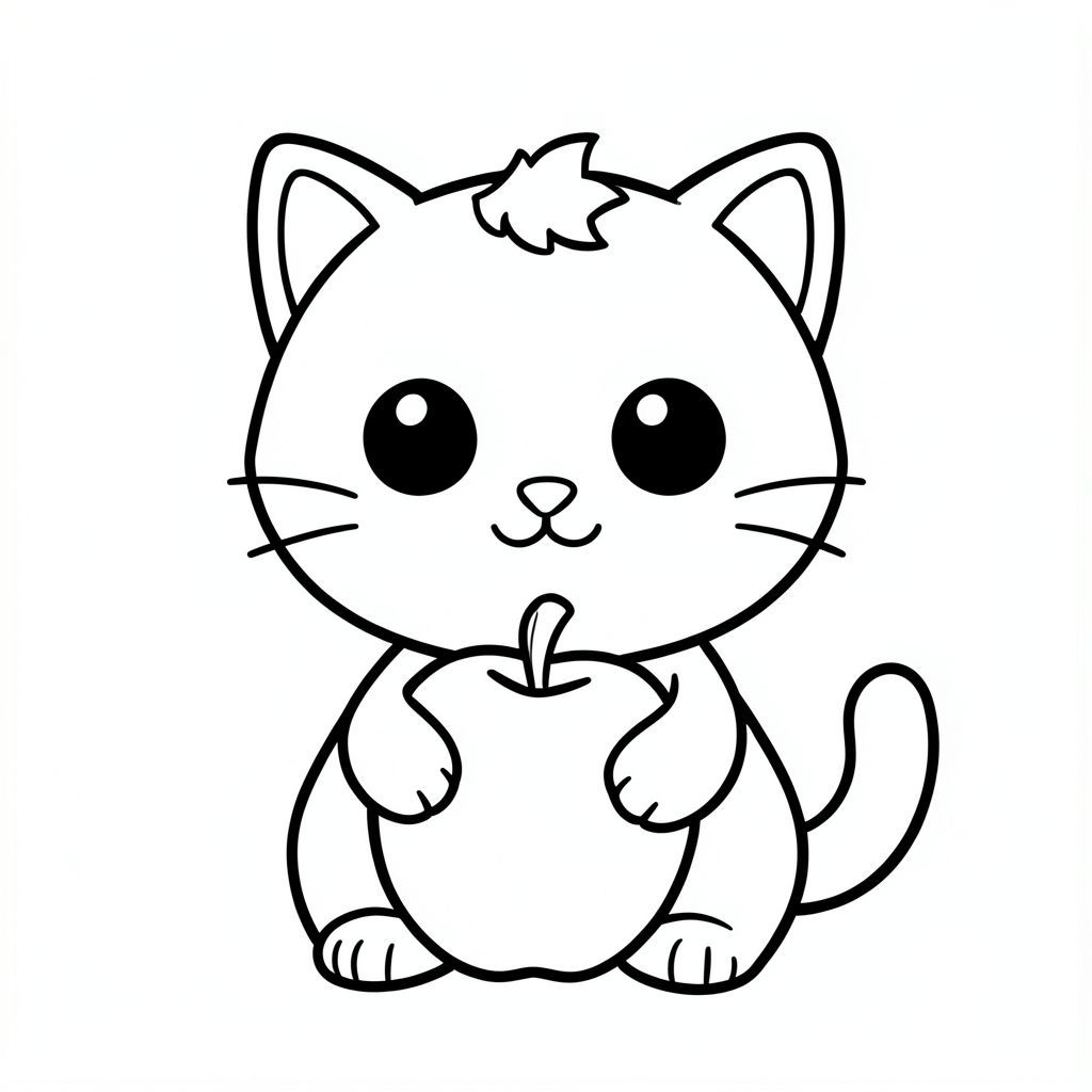 "Baby cat holding a big apple"
Kawaii baby cat character, very big round head, tiny small oval body, very short legs, small rounded paws with simple toe lines, sitting front-facing. 
Large round black eyes with a small white highlight, eyes placed wide apart. Tiny oval nose, small curved smiling mouth (slightly “w” shape), Chubby cheeks. 
Three short whiskers on each side. Small rounded triangle ears. One small curved tuft of hair centered on top of the head. Tail short and curved to the side. 
Clean, smooth, sharp edges. Very simple toddler cartoon style. Each page should feature kawaii baby cat with few extra details as per activity illustration. 
Thick bold outlines with minimal inner lines. Large open spaces for easy coloring. Simple background with very few objects only based on the activity. 
Very Few extra details as per activity, no textures, no complexity. Black and white only. No shading. No grayscale. No color. No text, words, letters, or numbers. 
Art style: bold, easy, cute, chunky.