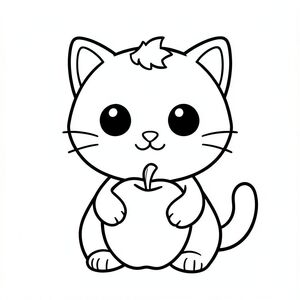 "Baby cat holding a big apple"
Kawaii baby cat character, very big round head, tiny small oval body, very short legs, small rounded paws with simple toe lines, sitting front-facing. 
Large round black eyes with a small white highlight, eyes placed wide apart. Tiny oval nose, small curved smiling mouth (slightly “w” shape), Chubby cheeks. 
Three short whiskers on each side. Small rounded triangle ears. One small curved tuft of hair centered on top of the head. Tail short and curved to the side. 
Clean, smooth, sharp edges. Very simple toddler cartoon style. Each page should feature kawaii baby cat with few extra details as per activity illustration. 
Thick bold outlines with minimal inner lines. Large open spaces for easy coloring. Simple background with very few objects only based on the activity. 
Very Few extra details as per activity, no textures, no complexity. Black and white only. No shading. No grayscale. No color. No text, words, letters, or numbers. 
Art style: bold, easy, cute, chunky.