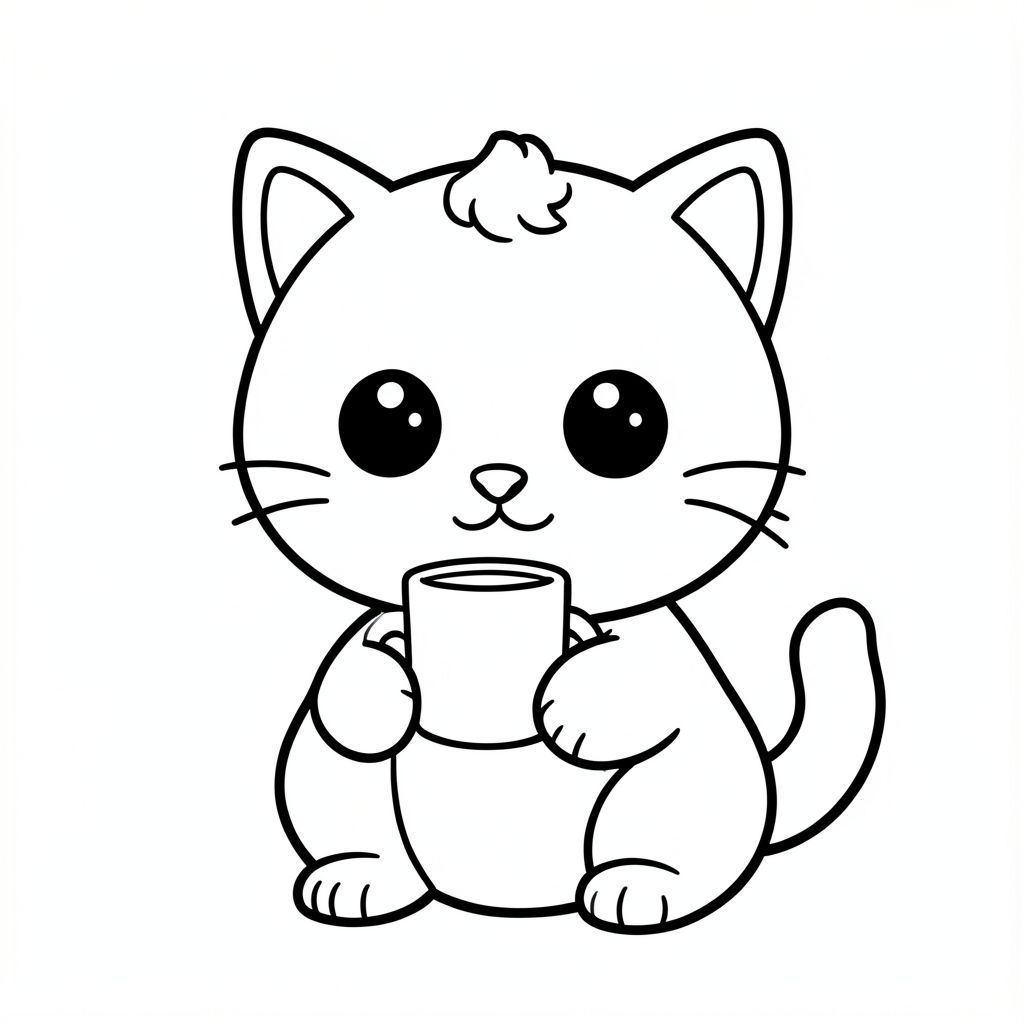 Baby cat drinking from a small cup. Cup have handle.
Kawaii baby cat character, very big round head, tiny small oval body, very short legs, small rounded paws with simple toe lines, sitting front-facing. 
Large round black eyes with a small white highlight, eyes placed wide apart. Tiny oval nose, small curved smiling mouth (slightly “w” shape), Chubby cheeks. 
Three short whiskers on each side. Small rounded triangle ears. One small curved tuft of hair centered on top of the head. Tail short and curved to the side. 
Clean, smooth, sharp edges. Very simple toddler cartoon style. Each page should feature kawaii baby cat with few extra details as per activity illustration. 
Thick bold outlines with minimal inner lines. Large open spaces for easy coloring. Simple background with very few objects only based on the activity. 
Very Few extra details as per activity, no textures, no complexity. Black and white only. No shading. No grayscale. No color. No text, words, letters, or numbers. 
Art style: bold, easy, cute, chunky.