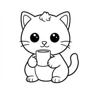 Baby cat drinking from a small cup. Cup have handle.
Kawaii baby cat character, very big round head, tiny small oval body, very short legs, small rounded paws with simple toe lines, sitting front-facing. 
Large round black eyes with a small white highlight, eyes placed wide apart. Tiny oval nose, small curved smiling mouth (slightly “w” shape), Chubby cheeks. 
Three short whiskers on each side. Small rounded triangle ears. One small curved tuft of hair centered on top of the head. Tail short and curved to the side. 
Clean, smooth, sharp edges. Very simple toddler cartoon style. Each page should feature kawaii baby cat with few extra details as per activity illustration. 
Thick bold outlines with minimal inner lines. Large open spaces for easy coloring. Simple background with very few objects only based on the activity. 
Very Few extra details as per activity, no textures, no complexity. Black and white only. No shading. No grayscale. No color. No text, words, letters, or numbers. 
Art style: bold, easy, cute, chunky.