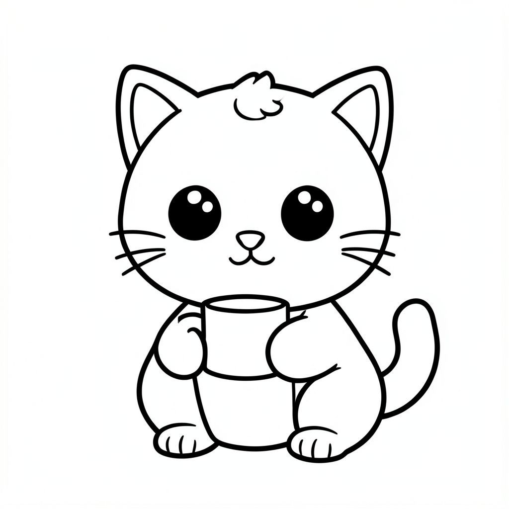 "Baby cat drinking from a small cup. Cup having handle in one side." 
Kawaii baby cat character, very big round head, tiny small oval body, very short legs, small rounded paws with simple toe lines, sitting front-facing. 
Large round black eyes with a small white highlight, eyes placed wide apart. Tiny oval nose, small curved smiling mouth (slightly “w” shape), Chubby cheeks. 
Three short whiskers on each side. Small rounded triangle ears. One small curved tuft of hair centered on top of the head. Tail short and curved to the side. 
Clean, smooth, sharp edges. Very simple toddler cartoon style. Each page should feature kawaii baby cat with few extra details as per activity illustration. 
Thick bold outlines with minimal inner lines. Large open spaces for easy coloring. Simple background with very few objects only based on the activity. 
Very Few extra details as per activity, no textures, no complexity. Black and white only. No shading. No grayscale. No color. No text, words, letters, or numbers. 
Art style: bold, easy, cute, chunky.