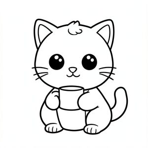 "Baby cat drinking from a small cup. Cup having handle in one side." 
Kawaii baby cat character, very big round head, tiny small oval body, very short legs, small rounded paws with simple toe lines, sitting front-facing. 
Large round black eyes with a small white highlight, eyes placed wide apart. Tiny oval nose, small curved smiling mouth (slightly “w” shape), Chubby cheeks. 
Three short whiskers on each side. Small rounded triangle ears. One small curved tuft of hair centered on top of the head. Tail short and curved to the side. 
Clean, smooth, sharp edges. Very simple toddler cartoon style. Each page should feature kawaii baby cat with few extra details as per activity illustration. 
Thick bold outlines with minimal inner lines. Large open spaces for easy coloring. Simple background with very few objects only based on the activity. 
Very Few extra details as per activity, no textures, no complexity. Black and white only. No shading. No grayscale. No color. No text, words, letters, or numbers. 
Art style: bold, easy, cute, chunky.