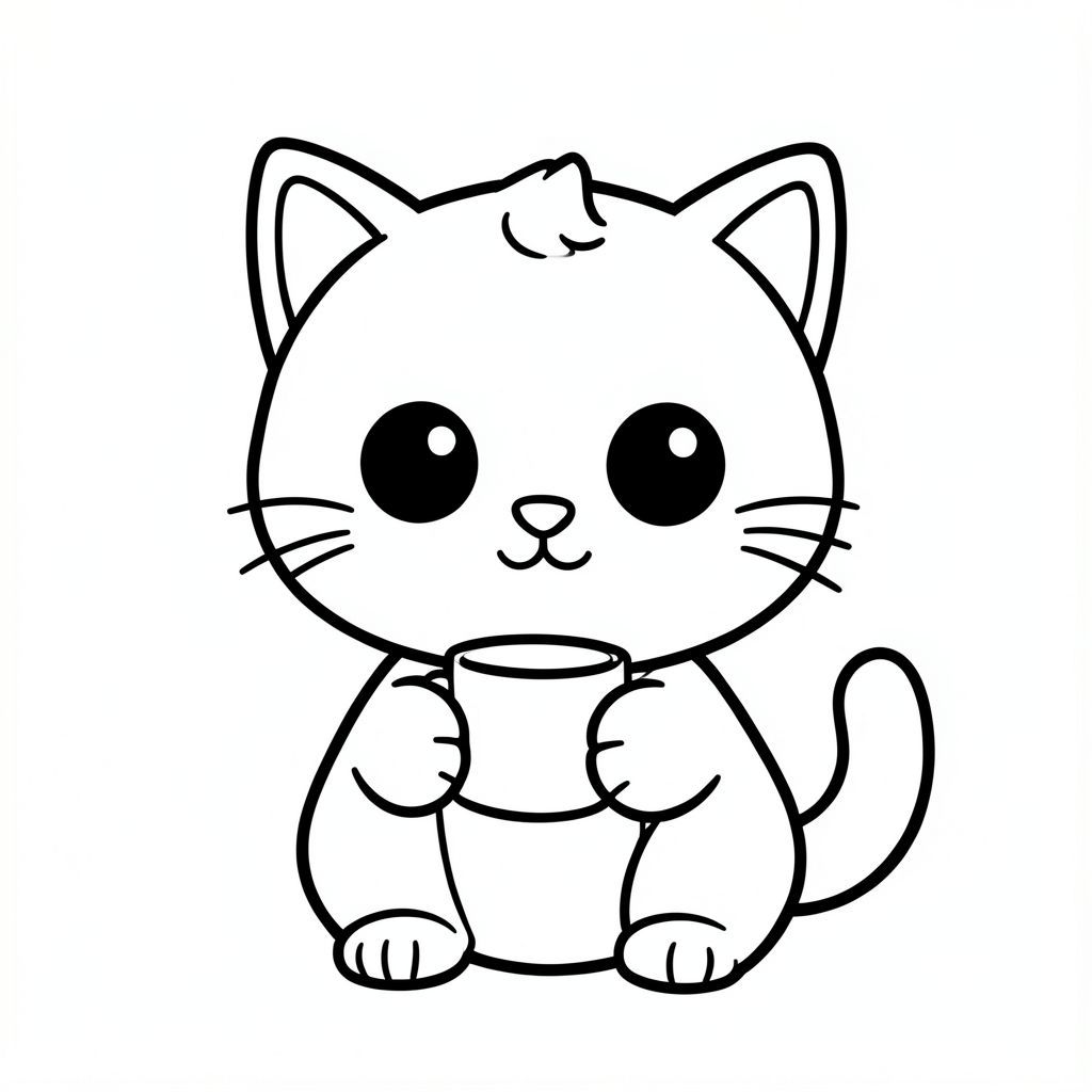 "Baby cat drinking from a small cup."
Kawaii baby cat character, very big round head, tiny small oval body, very short legs, small rounded paws with simple toe lines, sitting front-facing. 
Large round black eyes with a small white highlight, eyes placed wide apart. Tiny oval nose, small curved smiling mouth (slightly “w” shape), Chubby cheeks. 
Three short whiskers on each side. Small rounded triangle ears. One small curved tuft of hair centered on top of the head. Tail short and curved to the side. 
Clean, smooth, sharp edges. Very simple toddler cartoon style. Each page should feature kawaii baby cat with few extra details as per activity illustration. 
Thick bold outlines with minimal inner lines. Large open spaces for easy coloring. Simple background with very few objects only based on the activity. 
Very Few extra details as per activity, no textures, no complexity. Black and white only. No shading. No grayscale. No color. No text, words, letters, or numbers. 
Art style: bold, easy, cute, chunky.
