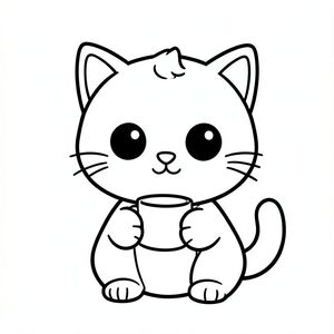 "Baby cat drinking from a small cup."
Kawaii baby cat character, very big round head, tiny small oval body, very short legs, small rounded paws with simple toe lines, sitting front-facing. 
Large round black eyes with a small white highlight, eyes placed wide apart. Tiny oval nose, small curved smiling mouth (slightly “w” shape), Chubby cheeks. 
Three short whiskers on each side. Small rounded triangle ears. One small curved tuft of hair centered on top of the head. Tail short and curved to the side. 
Clean, smooth, sharp edges. Very simple toddler cartoon style. Each page should feature kawaii baby cat with few extra details as per activity illustration. 
Thick bold outlines with minimal inner lines. Large open spaces for easy coloring. Simple background with very few objects only based on the activity. 
Very Few extra details as per activity, no textures, no complexity. Black and white only. No shading. No grayscale. No color. No text, words, letters, or numbers. 
Art style: bold, easy, cute, chunky.
