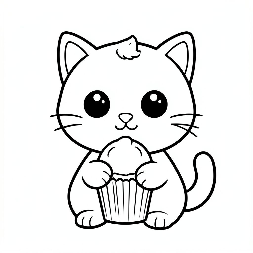 "Baby cat eating a simple cupcake."
Kawaii baby cat character, very big round head, tiny small oval body, very short legs, small rounded paws with simple toe lines, sitting front-facing. 
Large round black eyes with a small white highlight, eyes placed wide apart. Tiny oval nose, small curved smiling mouth (slightly “w” shape), Chubby cheeks. 
Three short whiskers on each side. Small rounded triangle ears. One small curved tuft of hair centered on top of the head. Tail short and curved to the side. 
Clean, smooth, sharp edges. Very simple toddler cartoon style. Each page should feature kawaii baby cat with few extra details as per activity illustration. 
Thick bold outlines with minimal inner lines. Large open spaces for easy coloring. Simple background with very few objects only based on the activity. 
Very Few extra details as per activity, no textures, no complexity. Black and white only. No shading. No grayscale. No color. No text, words, letters, or numbers. 
Art style: bold, easy, cute, chunky.