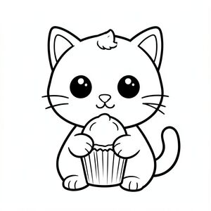 "Baby cat eating a simple cupcake."
Kawaii baby cat character, very big round head, tiny small oval body, very short legs, small rounded paws with simple toe lines, sitting front-facing. 
Large round black eyes with a small white highlight, eyes placed wide apart. Tiny oval nose, small curved smiling mouth (slightly “w” shape), Chubby cheeks. 
Three short whiskers on each side. Small rounded triangle ears. One small curved tuft of hair centered on top of the head. Tail short and curved to the side. 
Clean, smooth, sharp edges. Very simple toddler cartoon style. Each page should feature kawaii baby cat with few extra details as per activity illustration. 
Thick bold outlines with minimal inner lines. Large open spaces for easy coloring. Simple background with very few objects only based on the activity. 
Very Few extra details as per activity, no textures, no complexity. Black and white only. No shading. No grayscale. No color. No text, words, letters, or numbers. 
Art style: bold, easy, cute, chunky.