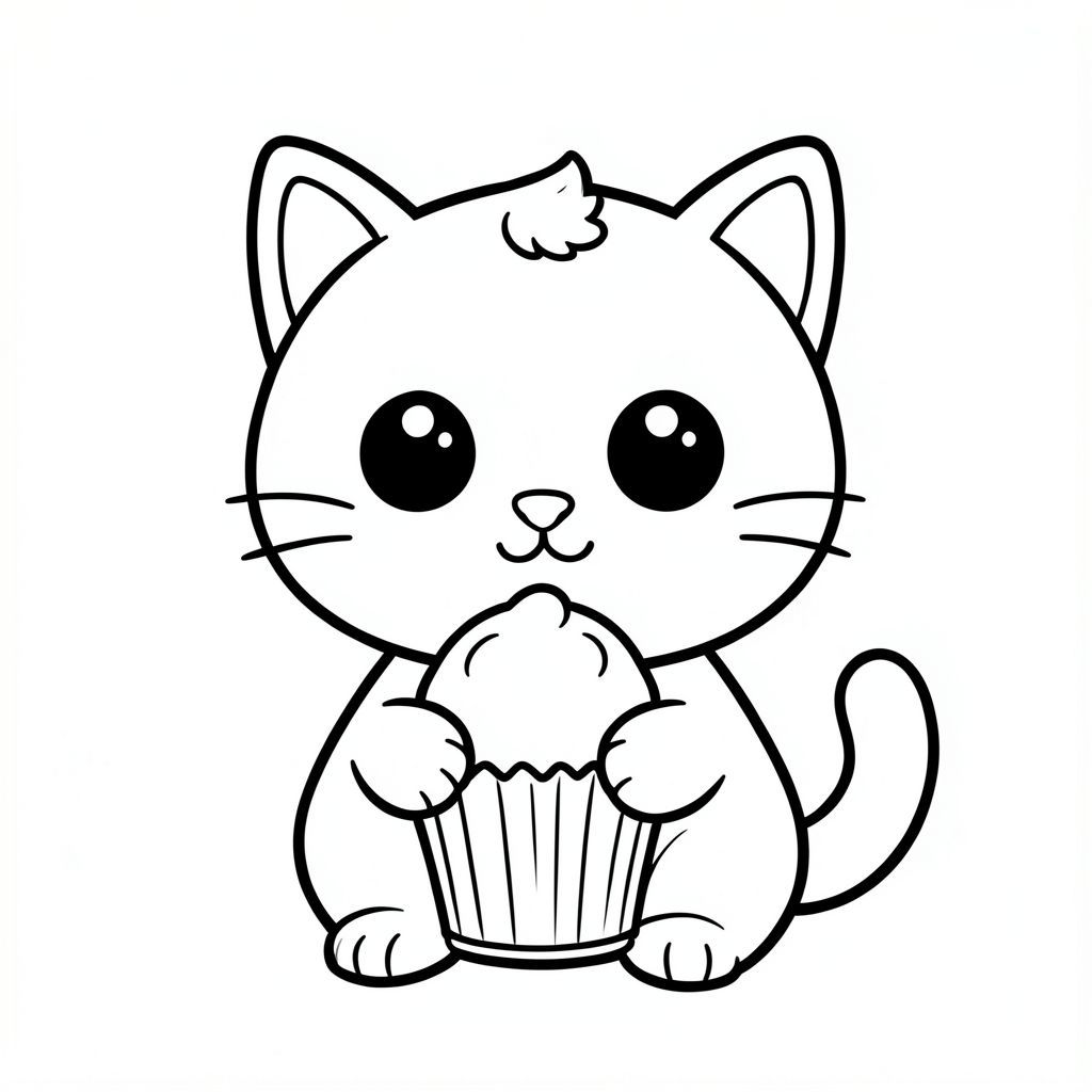 "Baby cat eating a simple cupcake."
Kawaii baby cat character, very big round head, tiny small oval body, very short legs, small rounded paws with simple toe lines, sitting front-facing. 
Large round black eyes with a small white highlight, eyes placed wide apart. Tiny oval nose, small curved smiling mouth (slightly “w” shape), Chubby cheeks. 
3 short whiskers on each side. Small rounded triangle ears. One small curved tuft of hair centered on top of the head. Tail short and curved to the side. 
Clean, smooth, sharp edges. Very simple toddler cartoon style. Each page should feature kawaii baby cat with few extra details as per activity illustration. 
Thick bold outlines with minimal inner lines. Large open spaces for easy coloring. Simple background with very few objects only based on the activity. 
Very Few extra details as per activity, no textures, no complexity. Black and white only. No shading. No grayscale. No color. No text, words, letters, or numbers. 
Art style: bold, easy, cute, chunky.
