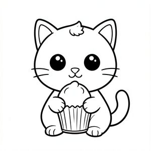 "Baby cat eating a simple cupcake."
Kawaii baby cat character, very big round head, tiny small oval body, very short legs, small rounded paws with simple toe lines, sitting front-facing. 
Large round black eyes with a small white highlight, eyes placed wide apart. Tiny oval nose, small curved smiling mouth (slightly “w” shape), Chubby cheeks. 
3 short whiskers on each side. Small rounded triangle ears. One small curved tuft of hair centered on top of the head. Tail short and curved to the side. 
Clean, smooth, sharp edges. Very simple toddler cartoon style. Each page should feature kawaii baby cat with few extra details as per activity illustration. 
Thick bold outlines with minimal inner lines. Large open spaces for easy coloring. Simple background with very few objects only based on the activity. 
Very Few extra details as per activity, no textures, no complexity. Black and white only. No shading. No grayscale. No color. No text, words, letters, or numbers. 
Art style: bold, easy, cute, chunky.