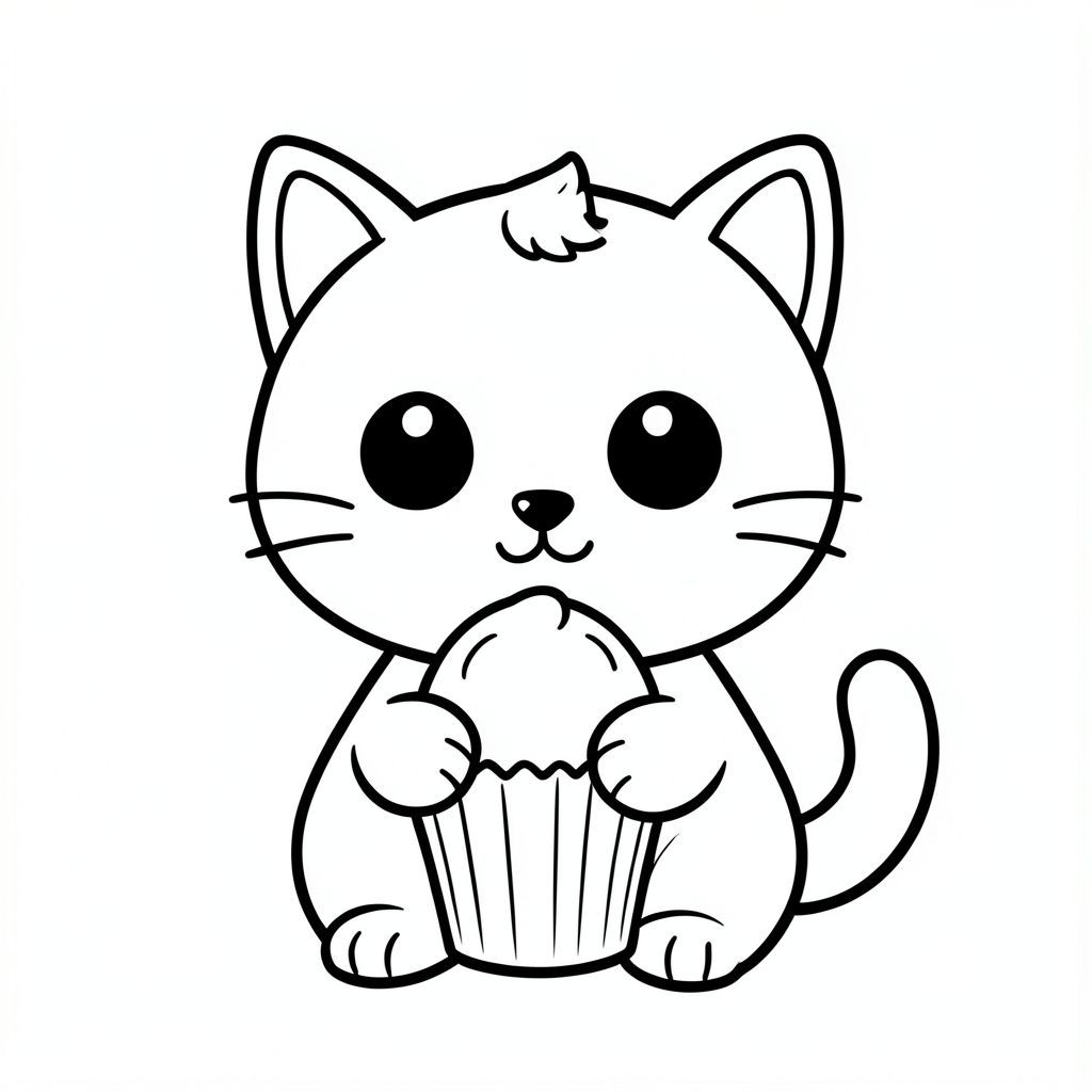 "Baby cat eating a simple cupcake."
Kawaii baby cat character, very big round head, tiny small oval body, very short legs, small rounded paws with simple toe lines, sitting front-facing. 
Large round black eyes with a small white highlight, eyes placed wide apart. Tiny oval nose, small curved smiling mouth (slightly “w” shape), Chubby cheeks. 
"3" short whiskers on each side. Small rounded triangle ears. One small curved tuft of hair centered on top of the head. Tail short and curved to the side. 
Clean, smooth, sharp edges. Very simple toddler cartoon style. Each page should feature kawaii baby cat with few extra details as per activity illustration. 
Thick bold outlines with minimal inner lines. Large open spaces for easy coloring. Simple background with very few objects only based on the activity. 
Very Few extra details as per activity, no textures, no complexity. Black and white only. No shading. No grayscale. No color. No text, words, letters, or numbers. 
Art style: bold, easy, cute, chunky.