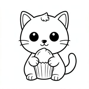 "Baby cat eating a simple cupcake."
Kawaii baby cat character, very big round head, tiny small oval body, very short legs, small rounded paws with simple toe lines, sitting front-facing. 
Large round black eyes with a small white highlight, eyes placed wide apart. Tiny oval nose, small curved smiling mouth (slightly “w” shape), Chubby cheeks. 
"3" short whiskers on each side. Small rounded triangle ears. One small curved tuft of hair centered on top of the head. Tail short and curved to the side. 
Clean, smooth, sharp edges. Very simple toddler cartoon style. Each page should feature kawaii baby cat with few extra details as per activity illustration. 
Thick bold outlines with minimal inner lines. Large open spaces for easy coloring. Simple background with very few objects only based on the activity. 
Very Few extra details as per activity, no textures, no complexity. Black and white only. No shading. No grayscale. No color. No text, words, letters, or numbers. 
Art style: bold, easy, cute, chunky.