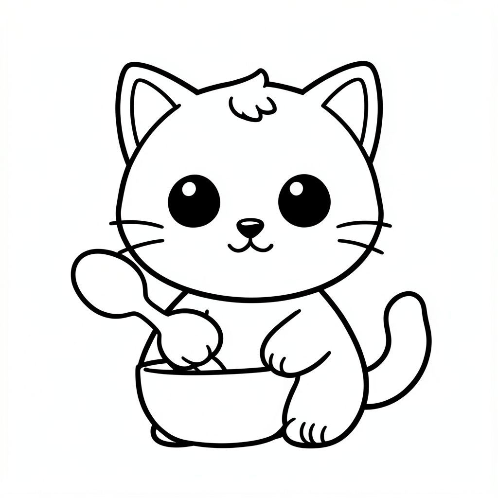 "Baby cat holding a spoon near a bowl."
Kawaii baby cat character, very big round head, tiny small oval body, very short legs, small rounded paws with simple toe lines, sitting front-facing. 
Large round black eyes with a small white highlight, eyes placed wide apart. Tiny oval nose, small curved smiling mouth (slightly “w” shape), Chubby cheeks. 
3 short whiskers on each side. Small rounded triangle ears. One small curved tuft of hair centered on top of the head. Tail short and curved to the side. 
Clean, smooth, sharp edges. Very simple toddler cartoon style. Each page should feature kawaii baby cat with few extra details as per activity illustration. 
Thick bold outlines with minimal inner lines. Large open spaces for easy coloring. Simple background with very few objects only based on the activity. 
Very Few extra details as per activity, no textures, no complexity. Black and white only. No shading. No grayscale. No color. No text, words, letters, or numbers. 
Art style: bold, easy, cute, chunky.