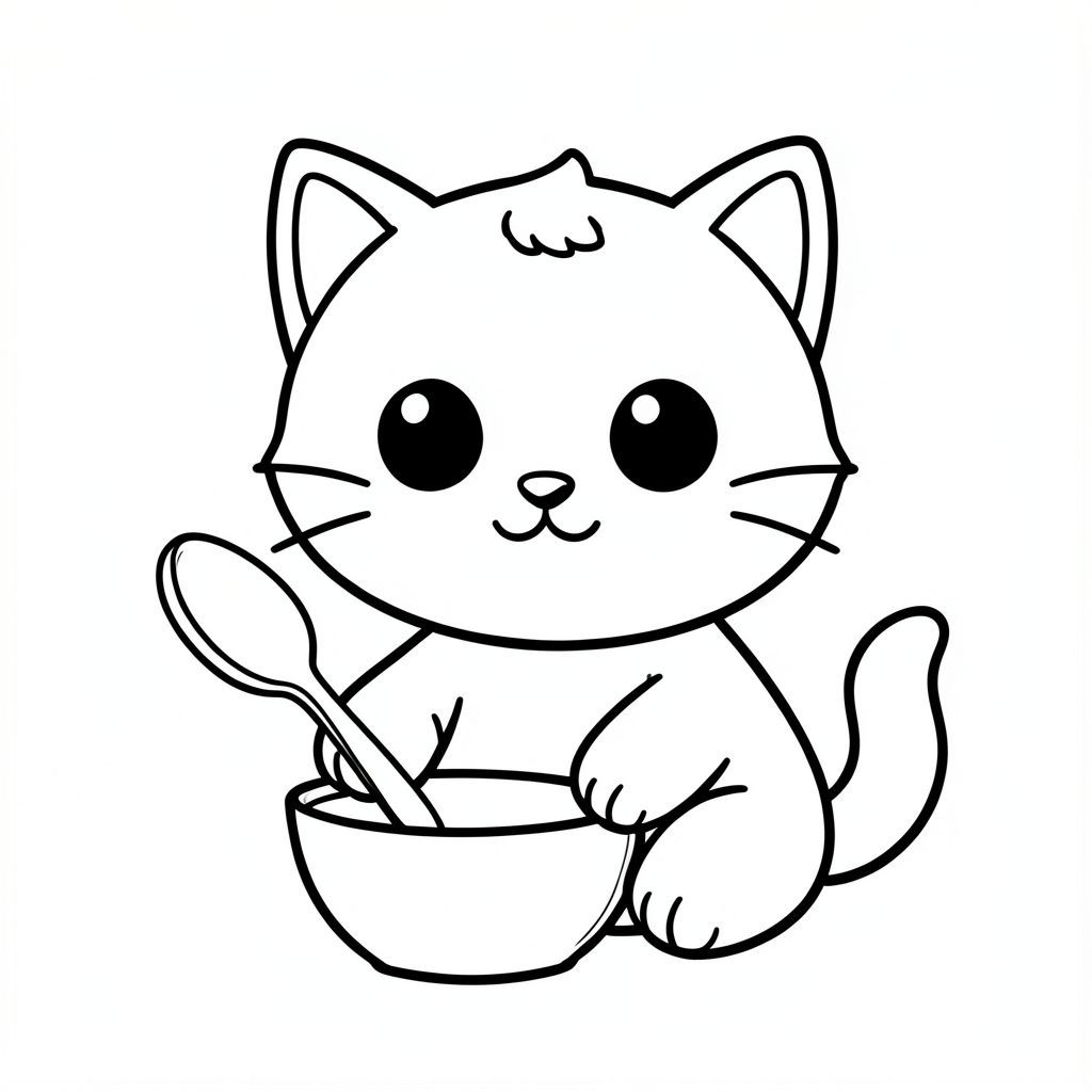 "Baby cat holding a spoon near a bowl. Spoon and handle must be clean and visible." Kawaii baby cat character, very big round head, tiny small oval body, very short legs, small rounded paws with simple toe lines, sitting front-facing. 
Large round black eyes with a small white highlight, eyes placed wide apart. Tiny oval nose, small curved smiling mouth (slightly “w” shape), Chubby cheeks. 
3 short whiskers on each side. Small rounded triangle ears. One small curved tuft of hair centered on top of the head. Tail short and curved to the side. 
Clean, smooth, sharp edges. Very simple toddler cartoon style. Each page should feature kawaii baby cat with few extra details as per activity illustration. 
Thick bold outlines with minimal inner lines. Large open spaces for easy coloring. Simple background with very few objects only based on the activity. 
Very Few extra details as per activity, no textures, no complexity. Black and white only. No shading. No grayscale. No color. No text, words, letters, or numbers. 
Art style: bold, easy, cute, chunky.