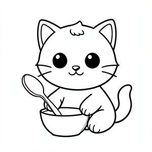 "Baby cat holding a spoon near a bowl. Spoon and handle must be clean and visible." Kawaii baby cat character, very big round head, tiny small oval body, very short legs, small rounded paws with simple toe lines, sitting front-facing. 
Large round black eyes with a small white highlight, eyes placed wide apart. Tiny oval nose, small curved smiling mouth (slightly “w” shape), Chubby cheeks. 
3 short whiskers on each side. Small rounded triangle ears. One small curved tuft of hair centered on top of the head. Tail short and curved to the side. 
Clean, smooth, sharp edges. Very simple toddler cartoon style. Each page should feature kawaii baby cat with few extra details as per activity illustration. 
Thick bold outlines with minimal inner lines. Large open spaces for easy coloring. Simple background with very few objects only based on the activity. 
Very Few extra details as per activity, no textures, no complexity. Black and white only. No shading. No grayscale. No color. No text, words, letters, or numbers. 
Art style: bold, easy, cute, chunky.
