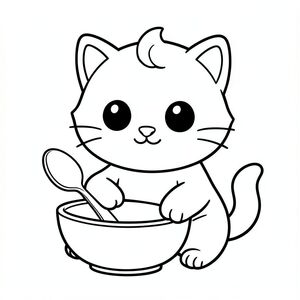 Baby cat holding a spoon near a bowl. Spoon must be clear and clean and correct proprtion in bowl and clear and clean visible hands."
Kawaii baby cat character, very big round head, tiny small oval body, very short legs, small rounded paws with simple toe lines, sitting front-facing. 
Large round black eyes with a small white highlight, eyes placed wide apart. Tiny oval nose, small curved smiling mouth (slightly “w” shape), Chubby cheeks. 
3 short whiskers on each side. Small rounded triangle ears. One small curved tuft of hair centered on top of the head. Tail short and curved to the side. 
Clean, smooth, sharp edges. Very simple toddler cartoon style. Each page should feature kawaii baby cat with few extra details as per activity illustration. 
Thick bold outlines with minimal inner lines. Large open spaces for easy coloring. Simple background with very few objects only based on the activity. 
Very Few extra details as per activity, no textures, no complexity. Black and white only. No shading. No grayscale. No color. No text, words, letters, or numbers. 
Art style: bold, easy, cute, chunky.