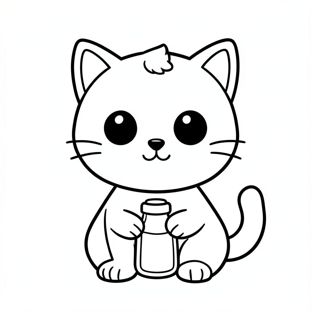 "Baby cat sitting with a small milk bottle"
Kawaii baby cat character, very big round head, tiny small oval body, very short legs, small rounded paws with simple toe lines, sitting front-facing. 
Large round black eyes with a small white highlight, eyes placed wide apart. Tiny oval nose, small curved smiling mouth (slightly “w” shape), Chubby cheeks. 
3 short whiskers on each side. Small rounded triangle ears. One small curved tuft of hair centered on top of the head. Tail short and curved to the side. 
Clean, smooth, sharp edges. Very simple toddler cartoon style. Each page should feature kawaii baby cat with few extra details as per activity illustration. 
Thick bold outlines with minimal inner lines. Large open spaces for easy coloring. Simple background with very few objects only based on the activity. 
Very Few extra details as per activity, no textures, no complexity. Black and white only. No shading. No grayscale. No color. No text, words, letters, or numbers. 
Art style: bold, easy, cute, chunky.