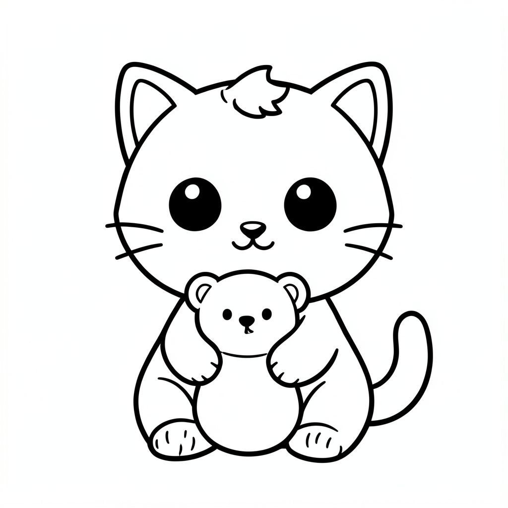 "Baby cat holding a teddy bear"
Kawaii baby cat character, very big round head, tiny small oval body, very short legs, small rounded paws with simple toe lines, sitting front-facing. 
Large round black eyes with a small white highlight, eyes placed wide apart. Tiny oval nose, small curved smiling mouth (slightly “w” shape), Chubby cheeks. 
3 short whiskers on each side. Small rounded triangle ears. One small curved tuft of hair centered on top of the head. Tail short and curved to the side. 
Clean, smooth, sharp edges. Very simple toddler cartoon style. Each page should feature kawaii baby cat with few extra details as per activity illustration. 
Thick bold outlines with minimal inner lines. Large open spaces for easy coloring. Simple background with very few objects only based on the activity. 
Very Few extra details as per activity, no textures, no complexity. Black and white only. No shading. No grayscale. No color. No text, words, letters, or numbers. 
Art style: bold, easy, cute, chunky.