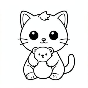 "Baby cat holding a teddy bear"
Kawaii baby cat character, very big round head, tiny small oval body, very short legs, small rounded paws with simple toe lines, sitting front-facing. 
Large round black eyes with a small white highlight, eyes placed wide apart. Tiny oval nose, small curved smiling mouth (slightly “w” shape), Chubby cheeks. 
3 short whiskers on each side. Small rounded triangle ears. One small curved tuft of hair centered on top of the head. Tail short and curved to the side. 
Clean, smooth, sharp edges. Very simple toddler cartoon style. Each page should feature kawaii baby cat with few extra details as per activity illustration. 
Thick bold outlines with minimal inner lines. Large open spaces for easy coloring. Simple background with very few objects only based on the activity. 
Very Few extra details as per activity, no textures, no complexity. Black and white only. No shading. No grayscale. No color. No text, words, letters, or numbers. 
Art style: bold, easy, cute, chunky.