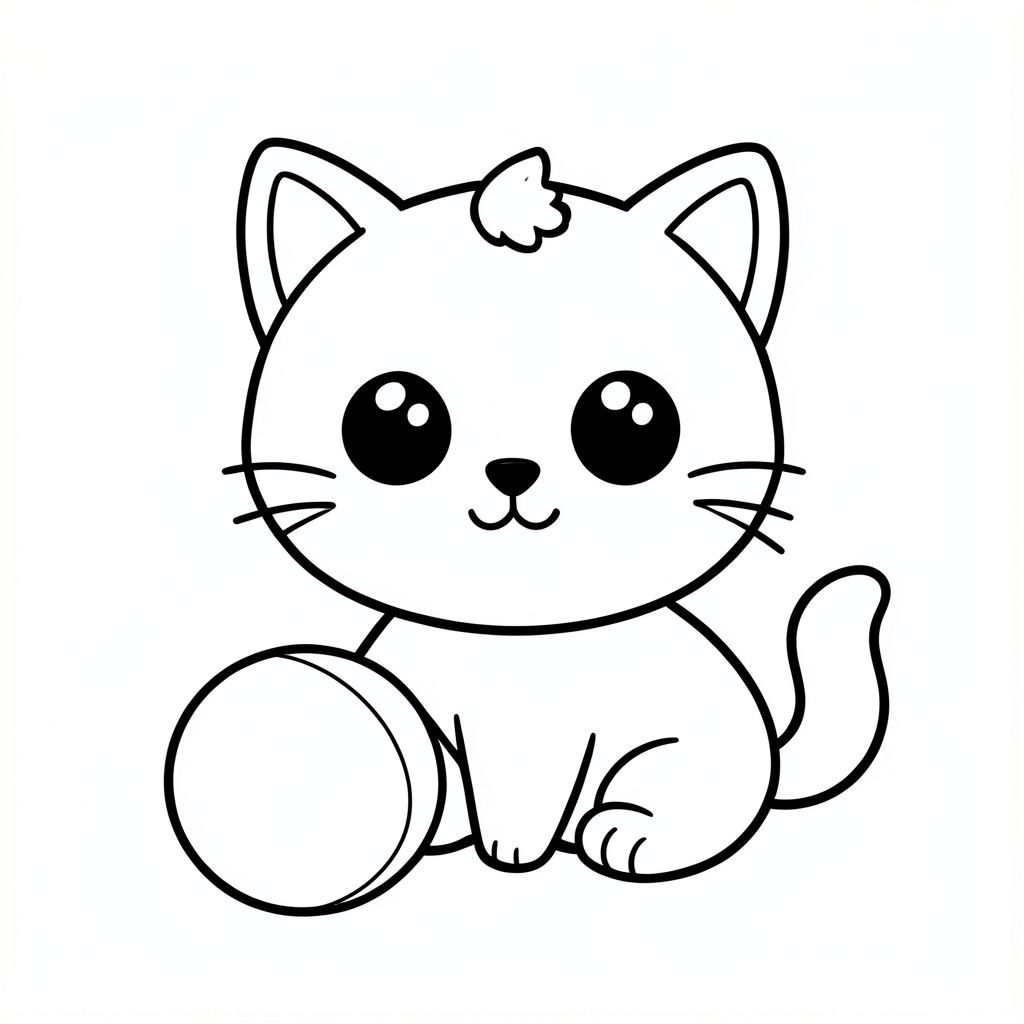 "Baby cat playing with a ball"
Kawaii baby cat character, very big round head, tiny small oval body, very short legs, small rounded paws with simple toe lines, sitting front-facing. 
Large round black eyes with a small white highlight, eyes placed wide apart. Tiny oval nose, small curved smiling mouth (slightly “w” shape), Chubby cheeks. 
3 short whiskers on each side. Small rounded triangle ears. One small curved tuft of hair centered on top of the head. Tail short and curved to the side. 
Clean, smooth, sharp edges. Very simple toddler cartoon style. Each page should feature kawaii baby cat with few extra details as per activity illustration. 
Thick bold outlines with minimal inner lines. Large open spaces for easy coloring. Simple background with very few objects only based on the activity. 
Very Few extra details as per activity, no textures, no complexity. Black and white only. No shading. No grayscale. No color. No text, words, letters, or numbers. 
Art style: bold, easy, cute, chunky.
