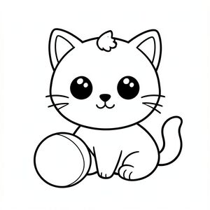 "Baby cat playing with a ball"
Kawaii baby cat character, very big round head, tiny small oval body, very short legs, small rounded paws with simple toe lines, sitting front-facing. 
Large round black eyes with a small white highlight, eyes placed wide apart. Tiny oval nose, small curved smiling mouth (slightly “w” shape), Chubby cheeks. 
3 short whiskers on each side. Small rounded triangle ears. One small curved tuft of hair centered on top of the head. Tail short and curved to the side. 
Clean, smooth, sharp edges. Very simple toddler cartoon style. Each page should feature kawaii baby cat with few extra details as per activity illustration. 
Thick bold outlines with minimal inner lines. Large open spaces for easy coloring. Simple background with very few objects only based on the activity. 
Very Few extra details as per activity, no textures, no complexity. Black and white only. No shading. No grayscale. No color. No text, words, letters, or numbers. 
Art style: bold, easy, cute, chunky.