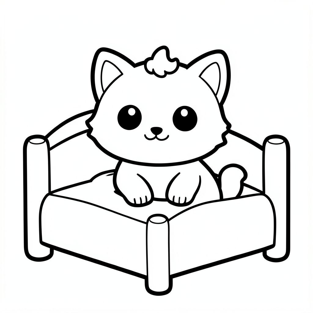 "Mèo con thức dậy trên chiếc giường đơn giản"
Nhân vật mèo con dễ thương với tỷ lệ cân bằng, thống nhất, nơi đầu, cơ thể và chân có kích thước đồng đều và kết nối hài hòa, 
tạo thành một hình dạng nhỏ gọn, gắn kết thay vì tỷ lệ đầu và cơ thể phóng đại; nhân vật có hình bóng tròn trịa, mịn màng, 
có đôi mắt to tròn màu đen được đặt rộng ra xa nhau với một điểm nhấn nhỏ màu trắng, một chiếc mũi nhỏ hình bầu dục và một cái miệng cong nhỏ mỉm cười, 
cùng với đôi má mũm mĩm mềm mại cho một biểu cảm dễ thương; tai là những hình tam giác tròn nhỏ nằm ở hai bên trên của đầu, và một 
một búi tóc cong nhỏ đơn được đặt chính giữa ở trên; Cơ thể đơn giản và hình bầu dục nhưng cân đối với đầu, với đôi chân rất ngắn 
hòa quyện tự nhiên vào hình thức, và bàn chân tròn nhỏ với các đường ngón chân tối thiểu; đuôi ngắn và cong nhẹ sang một bên sát thân; 
Thiết kế tổng thể sử dụng các cạnh sạch sẽ, mịn màng, sắc nét với các đường viền đậm rất dày, các chi tiết bên trong tối thiểu và duy trì rất đơn giản, thân thiện với trẻ mới biết đi, 
Phong cách hoạt hình dễ thương và dày dặn, cho phép nhân vật thích ứng tự nhiên với các hoạt động và tư thế khác nhau trong khi vẫn giữ cho tất cả các tính năng nhất quán.
Mỗi trang nên có mèo con dễ thương với một số chi tiết bổ sung theo hình minh họa hoạt động.
đường viền đậm dày với các đường nét bên trong tối thiểu.
Không gian mở rộng rãi để dễ dàng tô màu.
Nền đơn giản với thêm một số đối tượng dựa trên hoạt động.
Một vài chi tiết bổ sung theo hoạt động, không có kết cấu, không phức tạp.
Chỉ đen trắng. Không đổ bóng. Không có thang độ xám. Không có màu.
Không có văn bản, từ, chữ cái hoặc số.
Phong cách nghệ thuật: táo bạo, dễ dàng, dễ thương, dày dặn.