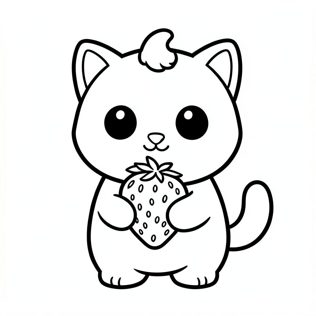 Mèo con ôm một quả dâu tây lớn'
Nhân vật mèo con dễ thương với tỷ lệ cân bằng, thống nhất, nơi đầu, cơ thể và chân có kích thước đồng đều và kết nối hài hòa, 
tạo thành một hình dạng nhỏ gọn, gắn kết thay vì tỷ lệ đầu và cơ thể phóng đại; nhân vật có hình bóng tròn trịa, mịn màng, 
có đôi mắt to tròn màu đen được đặt rộng ra xa nhau với một điểm nhấn nhỏ màu trắng, một chiếc mũi nhỏ hình bầu dục và một cái miệng cong nhỏ mỉm cười, 
cùng với đôi má mũm mĩm mềm mại cho một biểu cảm dễ thương; tai là những hình tam giác tròn nhỏ nằm ở hai bên trên của đầu, và một 
một búi tóc cong nhỏ đơn được đặt chính giữa ở trên; Cơ thể đơn giản và hình bầu dục nhưng cân đối với đầu, với đôi chân rất ngắn 
hòa quyện tự nhiên vào hình thức, và bàn chân tròn nhỏ với các đường ngón chân tối thiểu; đuôi ngắn và cong nhẹ sang một bên sát thân; 
Thiết kế tổng thể sử dụng các cạnh sạch sẽ, mịn màng, sắc nét với các đường viền đậm rất dày, các chi tiết bên trong tối thiểu và duy trì rất đơn giản, thân thiện với trẻ mới biết đi, 
Phong cách hoạt hình dễ thương và dày dặn, cho phép nhân vật thích ứng tự nhiên với các hoạt động và tư thế khác nhau trong khi vẫn giữ cho tất cả các tính năng nhất quán.
Mỗi trang nên có mèo con dễ thương với một số chi tiết bổ sung theo hình minh họa hoạt động.
đường viền đậm dày với các đường nét bên trong tối thiểu.
Không gian mở rộng rãi để dễ dàng tô màu.
Nền đơn giản với thêm một số đối tượng dựa trên hoạt động.
Một vài chi tiết bổ sung theo hoạt động, không có kết cấu, không phức tạp.
Chỉ đen trắng. Không đổ bóng. Không có thang độ xám. Không có màu.
Không có văn bản, từ, chữ cái hoặc số.
Phong cách nghệ thuật: táo bạo, dễ dàng, dễ thương, dày dặn.