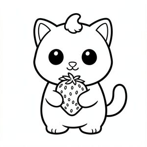 Baby cat holding a big strawberry'
Kawaii baby cat character with a balanced, unified proportion where the head, body, and legs feel evenly sized and harmoniously connected, 
forming one compact, cohesive shape instead of an exaggerated head-to-body ratio; the character has a smooth, rounded silhouette, 
featuring large round black eyes placed wide apart with a small white highlight, a tiny oval nose, and a small curved smiling mouth, 
along with soft chubby cheeks for a cute expression; the ears are small rounded triangles positioned on the top sides of the head, and a 
single small curved tuft of hair is centered on top; the body is simple and oval but proportionate to the head, with very short legs that 
blend naturally into the form, and small rounded paws with minimal toe lines; the tail is short and gently curved to one side close to the body; 
overall design uses clean, smooth, sharp edges with very thick bold outlines, minimal inner details, and maintains a very simple, toddler-friendly, 
cute and chunky cartoon style, allowing the character to adapt naturally to different activities and poses while keeping all features consistent.
Each page should feature kawaii baby cat with few extra details as per activity illustration.
thick bold outlines with minimal inner lines.
Large open spaces for easy coloring.
Simple background with extra few objects based on the activity.
Few extra details as per activity, no textures, no complexity.
Black and white only. No shading. No grayscale. No color.
No text, words, letters, or numbers.
Art style: bold, easy, cute, chunky.
