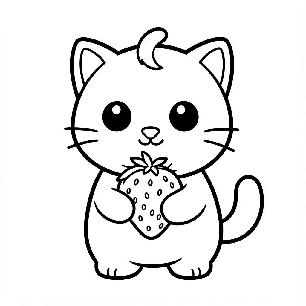 "Mèo con ôm một quả dâu tây lớn"
Nhân vật mèo con dễ thương với tỷ lệ cân bằng, thống nhất, nơi đầu, cơ thể và chân có kích thước đồng đều và kết nối hài hòa, 
tạo thành một hình dạng nhỏ gọn, gắn kết thay vì tỷ lệ đầu và cơ thể phóng đại; nhân vật có hình bóng tròn trịa, mịn màng, 
có đôi mắt lớn tròn màu đen đặt cách nhau rộng với điểm nổi bật nhỏ màu trắng, mũi hình bầu dục nhỏ và miệng cười cong nhỏ (hình chữ "W" nhẹ), 3 bộ râu ngắn ở mỗi bên. 
cùng với đôi má mũm mĩm mềm mại cho một biểu cảm dễ thương; tai là những hình tam giác tròn nhỏ nằm ở hai bên trên của đầu, và một 
một búi tóc cong nhỏ đơn được đặt chính giữa ở trên; Cơ thể đơn giản và hình bầu dục nhưng cân đối với đầu, với đôi chân rất ngắn 
hòa quyện tự nhiên vào hình thức, và bàn chân tròn nhỏ với các đường ngón chân tối thiểu; đuôi ngắn và cong nhẹ sang một bên sát thân; 
Thiết kế tổng thể sử dụng các cạnh sạch sẽ, mịn màng, sắc nét với các đường viền đậm rất dày, các chi tiết bên trong tối thiểu và duy trì rất đơn giản, thân thiện với trẻ mới biết đi, 
Phong cách hoạt hình dễ thương và dày dặn, cho phép nhân vật thích ứng tự nhiên với các hoạt động và tư thế khác nhau trong khi vẫn giữ cho tất cả các tính năng nhất quán.
Mỗi trang nên có mèo con dễ thương với một số chi tiết bổ sung theo hình minh họa hoạt động.
đường viền đậm dày với các đường nét bên trong tối thiểu.
Không gian mở rộng rãi để dễ dàng tô màu.
Nền đơn giản với thêm một số đối tượng dựa trên hoạt động.
Một vài chi tiết bổ sung theo hoạt động, không có kết cấu, không phức tạp.
Chỉ đen trắng. Không đổ bóng. Không có thang độ xám. Không có màu.
Không có văn bản, từ, chữ cái hoặc số.
Phong cách nghệ thuật: táo bạo, dễ dàng, dễ thương, dày dặn.
