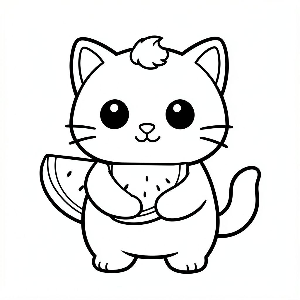 "Mèo con ôm một lát dưa hấu"
Nhân vật mèo con dễ thương với tỷ lệ cân bằng, thống nhất, nơi đầu, cơ thể và chân có kích thước đồng đều và kết nối hài hòa, 
tạo thành một hình dạng nhỏ gọn, gắn kết thay vì tỷ lệ đầu và cơ thể phóng đại; nhân vật có hình bóng tròn trịa, mịn màng, 
có đôi mắt lớn tròn màu đen đặt cách nhau rộng với điểm nổi bật nhỏ màu trắng, mũi hình bầu dục nhỏ và miệng cười cong nhỏ (hình chữ "W" nhẹ), 3 bộ râu ngắn ở mỗi bên. 
cùng với đôi má mũm mĩm mềm mại cho một biểu cảm dễ thương; tai là những hình tam giác tròn nhỏ nằm ở hai bên trên của đầu, và một 
một búi tóc cong nhỏ đơn được đặt chính giữa ở trên; Cơ thể đơn giản và hình bầu dục nhưng cân đối với đầu, với đôi chân rất ngắn 
hòa quyện tự nhiên vào hình thức, và bàn chân tròn nhỏ với các đường ngón chân tối thiểu; đuôi ngắn và cong nhẹ sang một bên sát thân; 
Thiết kế tổng thể sử dụng các cạnh sạch sẽ, mịn màng, sắc nét với các đường viền đậm rất dày, các chi tiết bên trong tối thiểu và duy trì rất đơn giản, thân thiện với trẻ mới biết đi, 
Phong cách hoạt hình dễ thương và dày dặn, cho phép nhân vật thích ứng tự nhiên với các hoạt động và tư thế khác nhau trong khi vẫn giữ cho tất cả các tính năng nhất quán.
Mỗi trang nên có mèo con dễ thương với một số chi tiết bổ sung theo hình minh họa hoạt động.
đường viền đậm dày với các đường nét bên trong tối thiểu.
Không gian mở rộng rãi để dễ dàng tô màu.
Nền đơn giản với thêm một số đối tượng dựa trên hoạt động.
Một vài chi tiết bổ sung theo hoạt động, không có kết cấu, không phức tạp.
Chỉ đen trắng. Không đổ bóng. Không có thang độ xám. Không có màu.
Không có văn bản, từ, chữ cái hoặc số.
Phong cách nghệ thuật: táo bạo, dễ dàng, dễ thương, dày dặn.