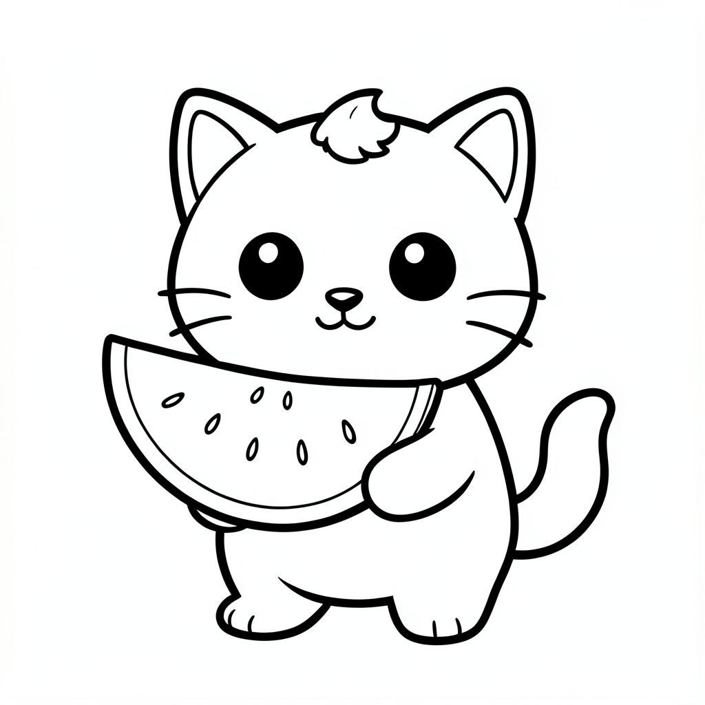 "Mèo con đang cầm một lát dưa hấu. Dưa hấu phải trong, sạch và có thể nhìn thấy được. 
Nhân vật mèo con dễ thương với tỷ lệ cân bằng, thống nhất, nơi đầu, cơ thể và chân có kích thước đồng đều và kết nối hài hòa, 
tạo thành một hình dạng nhỏ gọn, gắn kết thay vì tỷ lệ đầu và cơ thể phóng đại; nhân vật có hình bóng tròn trịa, mịn màng, 
có đôi mắt lớn tròn màu đen đặt cách nhau rộng với điểm nổi bật nhỏ màu trắng, mũi hình bầu dục nhỏ và miệng cười cong nhỏ (hình chữ "W" nhẹ), 3 bộ râu ngắn ở mỗi bên. 
cùng với đôi má mũm mĩm mềm mại cho một biểu cảm dễ thương; tai là những hình tam giác tròn nhỏ nằm ở hai bên trên của đầu, và một 
một búi tóc cong nhỏ đơn được đặt chính giữa ở trên; Cơ thể đơn giản và hình bầu dục nhưng cân đối với đầu, với đôi chân rất ngắn 
hòa quyện tự nhiên vào hình thức, và bàn chân tròn nhỏ với các đường ngón chân tối thiểu; đuôi ngắn và cong nhẹ sang một bên sát thân; 
Thiết kế tổng thể sử dụng các cạnh sạch sẽ, mịn màng, sắc nét với các đường viền đậm rất dày, các chi tiết bên trong tối thiểu và duy trì rất đơn giản, thân thiện với trẻ mới biết đi, 
Phong cách hoạt hình dễ thương và dày dặn, cho phép nhân vật thích ứng tự nhiên với các hoạt động và tư thế khác nhau trong khi vẫn giữ cho tất cả các tính năng nhất quán.
Mỗi trang nên có mèo con dễ thương với một số chi tiết bổ sung theo hình minh họa hoạt động.
đường viền đậm dày với các đường nét bên trong tối thiểu.
Không gian mở rộng rãi để dễ dàng tô màu.
Nền đơn giản với thêm một số đối tượng dựa trên hoạt động.
Một vài chi tiết bổ sung theo hoạt động, không có kết cấu, không phức tạp.
Chỉ đen trắng. Không đổ bóng. Không có thang độ xám. Không có màu.
Không có văn bản, từ, chữ cái hoặc số.
Phong cách nghệ thuật: táo bạo, dễ dàng, dễ thương, dày dặn.