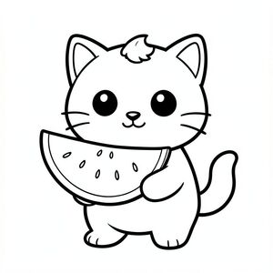 "Baby cat holding a slice of watermelon. Watermelon must be clear and clean and visible. 
Kawaii baby cat character with a balanced, unified proportion where the head, body, and legs feel evenly sized and harmoniously connected, 
forming one compact, cohesive shape instead of an exaggerated head-to-body ratio; the character has a smooth, rounded silhouette, 
featuring large round black eyes placed wide apart with a small white highlight, a tiny oval nose, and a small curved smiling mouth (slightly “w” shape),3 short whiskers on each side. 
along with soft chubby cheeks for a cute expression; the ears are small rounded triangles positioned on the top sides of the head, and a 
single small curved tuft of hair is centered on top; the body is simple and oval but proportionate to the head, with very short legs that 
blend naturally into the form, and small rounded paws with minimal toe lines; the tail is short and gently curved to one side close to the body; 
overall design uses clean, smooth, sharp edges with very thick bold outlines, minimal inner details, and maintains a very simple, toddler-friendly, 
cute and chunky cartoon style, allowing the character to adapt naturally to different activities and poses while keeping all features consistent.
Each page should feature kawaii baby cat with few extra details as per activity illustration.
thick bold outlines with minimal inner lines.
Large open spaces for easy coloring.
Simple background with extra few objects based on the activity.
Few extra details as per activity, no textures, no complexity.
Black and white only. No shading. No grayscale. No color.
No text, words, letters, or numbers.
Art style: bold, easy, cute, chunky.