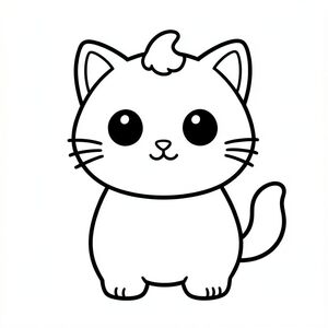 "Baby cat with a donut."
Kawaii baby cat character with a balanced, unified proportion where the head, body, and legs feel evenly sized and harmoniously connected, 
forming one compact, cohesive shape instead of an exaggerated head-to-body ratio; the character has a smooth, rounded silhouette, 
featuring large round black eyes placed wide apart with a small white highlight, a tiny oval nose, and a small curved smiling mouth (slightly “w” shape),3 short whiskers on each side. 
along with soft chubby cheeks for a cute expression; the ears are small rounded triangles positioned on the top sides of the head, and a 
single small curved tuft of hair is centered on top; the body is simple and oval but proportionate to the head, with very short legs that 
blend naturally into the form, and small rounded paws with minimal toe lines; the tail is short and gently curved to one side close to the body; 
overall design uses clean, smooth, sharp edges with very thick bold outlines, minimal inner details, and maintains a very simple, toddler-friendly, 
cute and chunky cartoon style, allowing the character to adapt naturally to different activities and poses while keeping all features consistent.
Each page should feature kawaii baby cat with few extra details as per activity illustration.
thick bold outlines with minimal inner lines.
Large open spaces for easy coloring.
Simple background with extra few objects based on the activity.
Few extra details as per activity, no textures, no complexity.
Black and white only. No shading. No grayscale. No color.
No text, words, letters, or numbers.
Art style: bold, easy, cute, chunky.