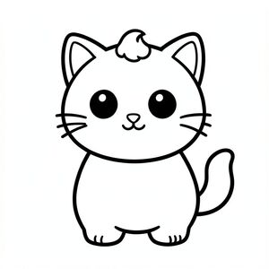"Baby cat with a donut. Donut must clear, clean and visible."
Kawaii baby cat character with a balanced, unified proportion where the head, body, and legs feel evenly sized and harmoniously connected, 
forming one compact, cohesive shape instead of an exaggerated head-to-body ratio; the character has a smooth, rounded silhouette, 
featuring large round black eyes placed wide apart with a small white highlight, a tiny oval nose, and a small curved smiling mouth (slightly “w” shape),3 short whiskers on each side. 
along with soft chubby cheeks for a cute expression; the ears are small rounded triangles positioned on the top sides of the head, and a 
single small curved tuft of hair is centered on top; the body is simple and oval but proportionate to the head, with very short legs that 
blend naturally into the form, and small rounded paws with minimal toe lines; the tail is short and gently curved to one side close to the body; 
overall design uses clean, smooth, sharp edges with very thick bold outlines, minimal inner details, and maintains a very simple, toddler-friendly, 
cute and chunky cartoon style, allowing the character to adapt naturally to different activities and poses while keeping all features consistent.
Each page should feature kawaii baby cat with few extra details as per activity illustration.
thick bold outlines with minimal inner lines.
Large open spaces for easy coloring.
Simple background with extra few objects based on the activity.
Few extra details as per activity, no textures, no complexity.
Black and white only. No shading. No grayscale. No color.
No text, words, letters, or numbers.
Art style: bold, easy, cute, chunky.