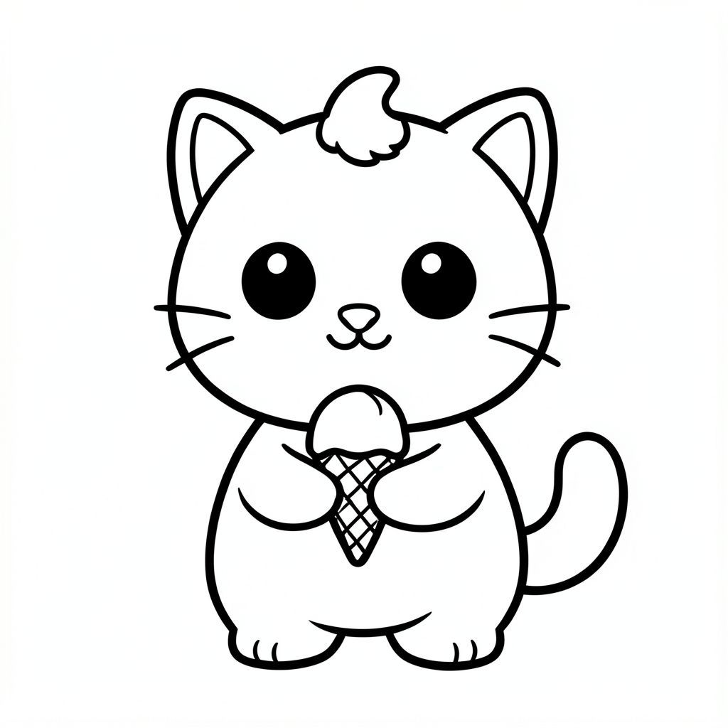 "Mèo con đang cầm một chiếc kem ốc quế."
Nhân vật mèo con dễ thương với tỷ lệ cân bằng, thống nhất, nơi đầu, cơ thể và chân có kích thước đồng đều và kết nối hài hòa, 
tạo thành một hình dạng nhỏ gọn, gắn kết thay vì tỷ lệ đầu và cơ thể phóng đại; nhân vật có hình bóng tròn trịa, mịn màng, 
có đôi mắt lớn tròn màu đen đặt cách nhau rộng với điểm nổi bật nhỏ màu trắng, mũi hình bầu dục nhỏ và miệng cười cong nhỏ (hình chữ "W" nhẹ), 3 bộ râu ngắn ở mỗi bên. 
cùng với đôi má mũm mĩm mềm mại cho một biểu cảm dễ thương; tai là những hình tam giác tròn nhỏ nằm ở hai bên trên của đầu, và một 
một búi tóc cong nhỏ đơn được đặt chính giữa ở trên; Cơ thể đơn giản và hình bầu dục nhưng cân đối với đầu, với đôi chân rất ngắn 
hòa quyện tự nhiên vào hình thức, và bàn chân tròn nhỏ với các đường ngón chân tối thiểu; đuôi ngắn và cong nhẹ sang một bên sát thân; 
Thiết kế tổng thể sử dụng các cạnh sạch sẽ, mịn màng, sắc nét với các đường viền đậm rất dày, các chi tiết bên trong tối thiểu và duy trì rất đơn giản, thân thiện với trẻ mới biết đi, 
Phong cách hoạt hình dễ thương và dày dặn, cho phép nhân vật thích ứng tự nhiên với các hoạt động và tư thế khác nhau trong khi vẫn giữ cho tất cả các tính năng nhất quán.
Mỗi trang nên có mèo con dễ thương với một số chi tiết bổ sung theo hình minh họa hoạt động.
đường viền đậm dày với các đường nét bên trong tối thiểu.
Không gian mở rộng rãi để dễ dàng tô màu.
Nền đơn giản với thêm một số đối tượng dựa trên hoạt động.
Một vài chi tiết bổ sung theo hoạt động, không có kết cấu, không phức tạp.
Chỉ đen trắng. Không đổ bóng. Không có thang độ xám. Không có màu.
Không có văn bản, từ, chữ cái hoặc số.
Phong cách nghệ thuật: táo bạo, dễ dàng, dễ thương, dày dặn.