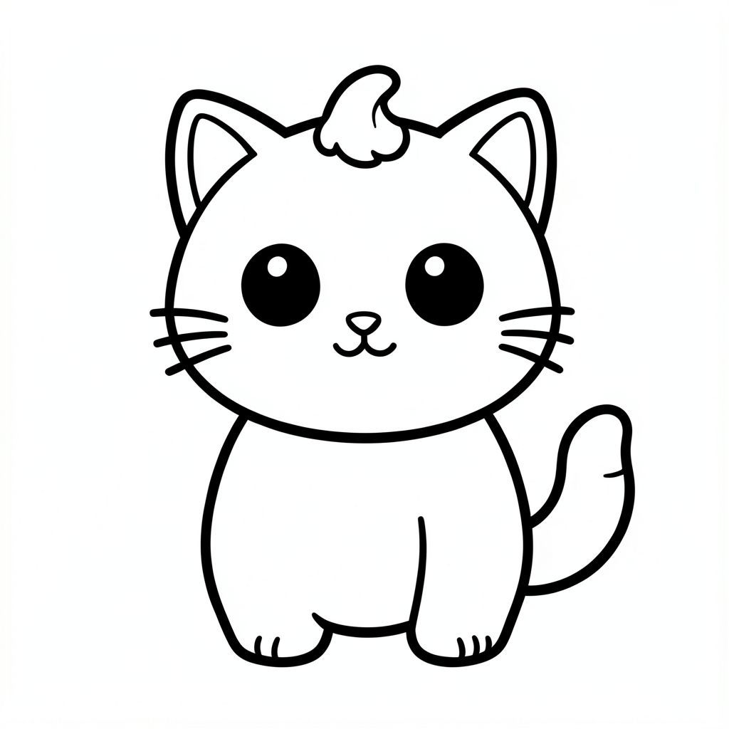 "Mèo con với một quả chuối" 
Nhân vật mèo con dễ thương với tỷ lệ cân bằng, thống nhất, nơi đầu, cơ thể và chân có kích thước đồng đều và kết nối hài hòa,  
tạo thành một hình dạng nhỏ gọn, gắn kết thay vì tỷ lệ đầu và cơ thể phóng đại; nhân vật có hình dáng tròn trịa, mịn màng,  
có đôi mắt lớn tròn màu đen đặt cách nhau rộng với điểm nổi bật nhỏ màu trắng, mũi hình bầu dục nhỏ và miệng cười cong nhỏ (hình chữ "W" nhẹ), 3 bộ râu ngắn ở mỗi bên.  
cùng với đôi má mũm mĩm mềm mại cho một biểu cảm dễ thương; tai là những hình tam giác tròn nhỏ nằm ở hai bên trên cùng của đầu, và một 
một búi tóc cong nhỏ đơn được đặt chính giữa ở trên; cơ thể đơn giản và hình bầu dục nhưng cân đối với đầu, với đôi chân rất ngắn 
hòa quyện tự nhiên vào hình thức, và bàn chân tròn nhỏ với các đường ngón chân tối thiểu; đuôi ngắn và cong nhẹ sang một bên gần cơ thể;  
Thiết kế tổng thể sử dụng các cạnh sạch sẽ, mịn màng, sắc nét với các đường viền đậm rất dày, các chi tiết bên trong tối thiểu và duy trì rất đơn giản, thân thiện với trẻ mới biết đi,  
Phong cách hoạt hình dễ thương và dày dặn, cho phép nhân vật thích ứng tự nhiên với các hoạt động và tư thế khác nhau trong khi vẫn giữ cho tất cả các tính năng nhất quán. 
Mỗi trang nên có mèo con dễ thương với một số chi tiết bổ sung theo hình minh họa hoạt động. 
đường viền đậm dày với các đường nét bên trong tối thiểu. 
Không gian mở rộng rãi để dễ dàng tô màu. 
Nền đơn giản với thêm một số đối tượng dựa trên hoạt động. 
Một vài chi tiết bổ sung theo hoạt động, không có kết cấu, không phức tạp. 
Chỉ đen trắng. Không đổ bóng. Không có thang độ xám. Không có màu. 
Không có văn bản, từ, chữ cái hoặc số. 
Phong cách nghệ thuật: táo bạo, dễ dàng, dễ thương, dày dặn.